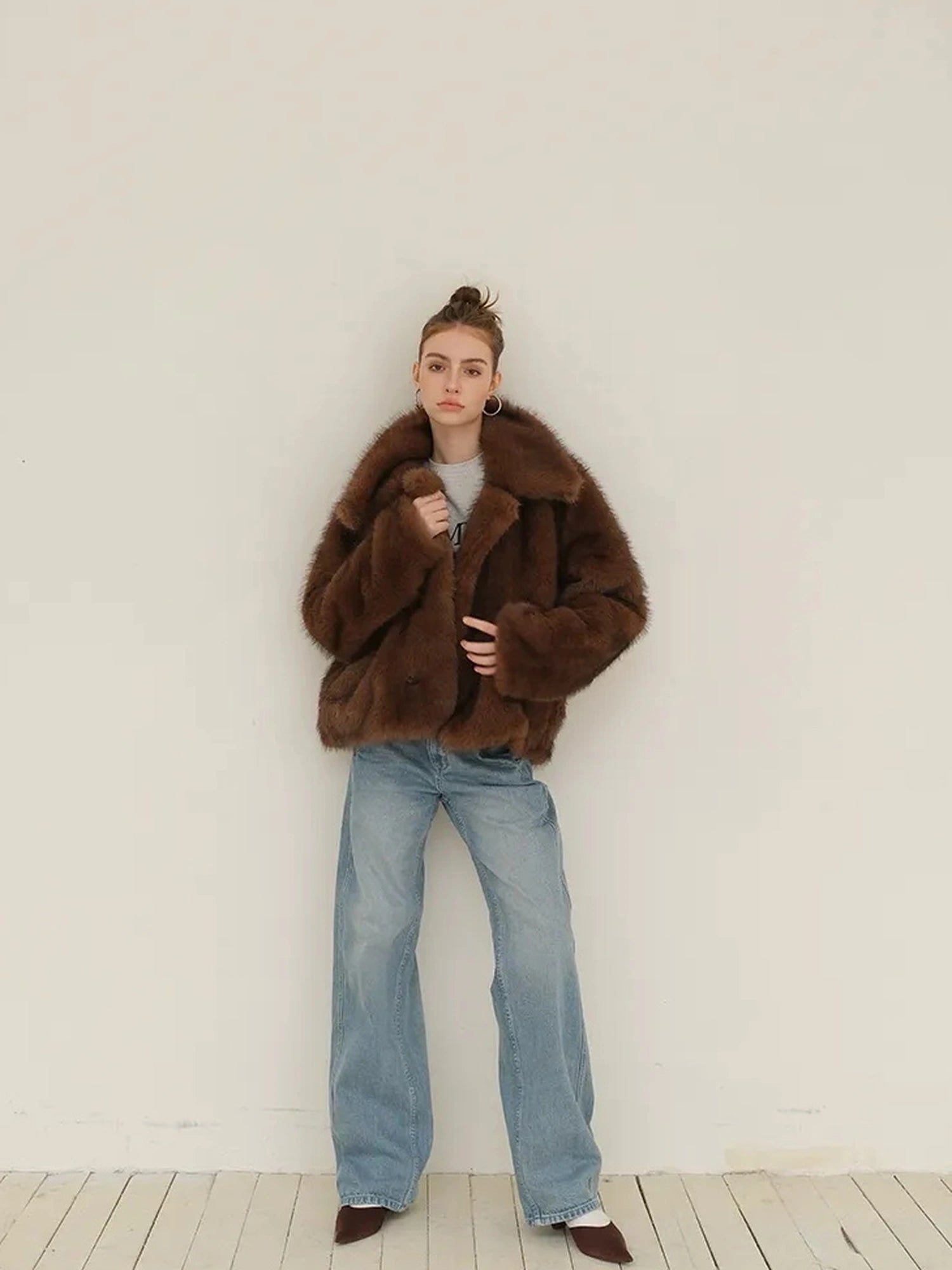 Faux Fox Fur Collar Winter Coat V-neck T-shirt Long Sleeve