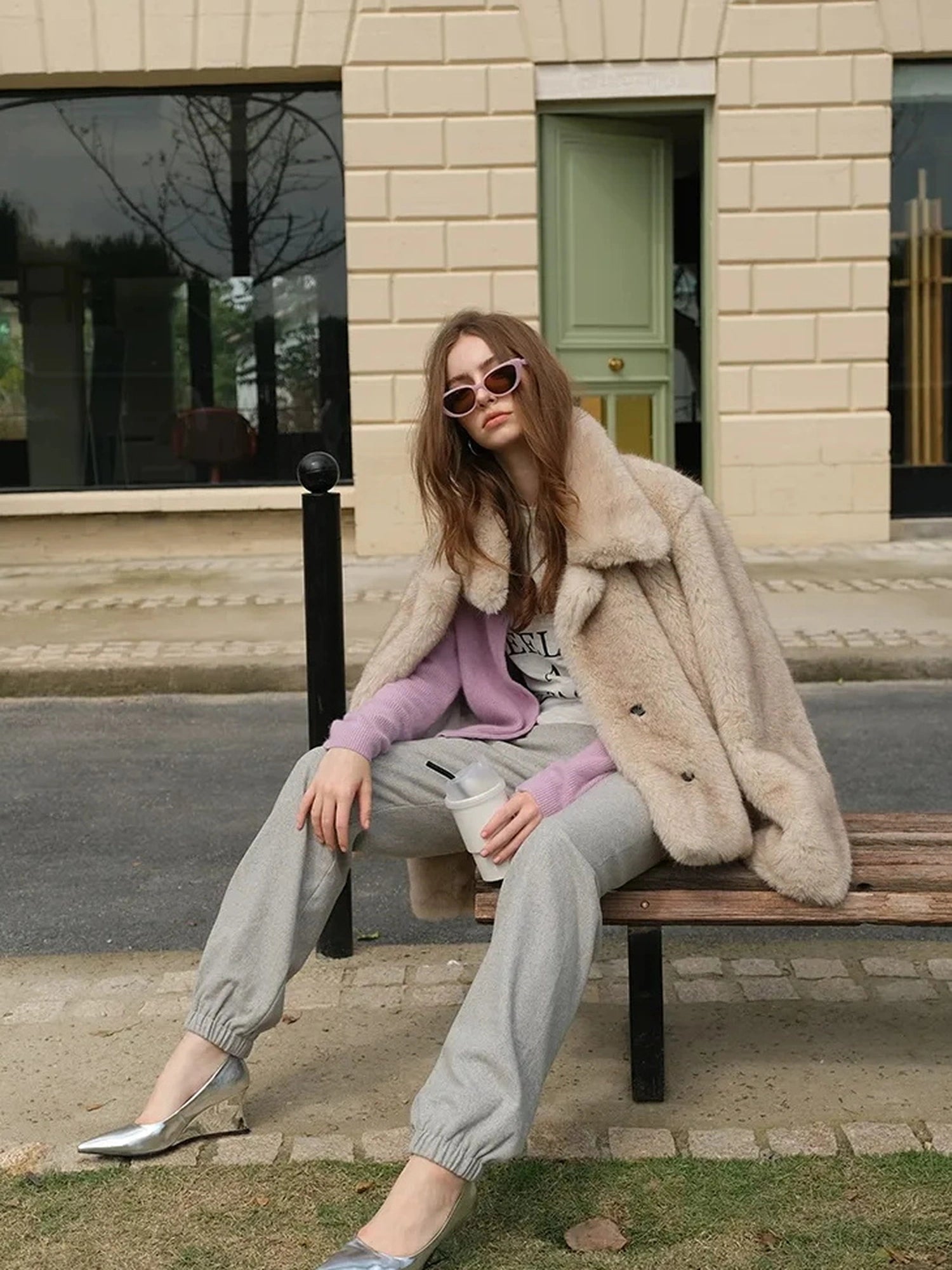 Faux Fox Fur Collar Winter Coat V-neck T-shirt Long Sleeve