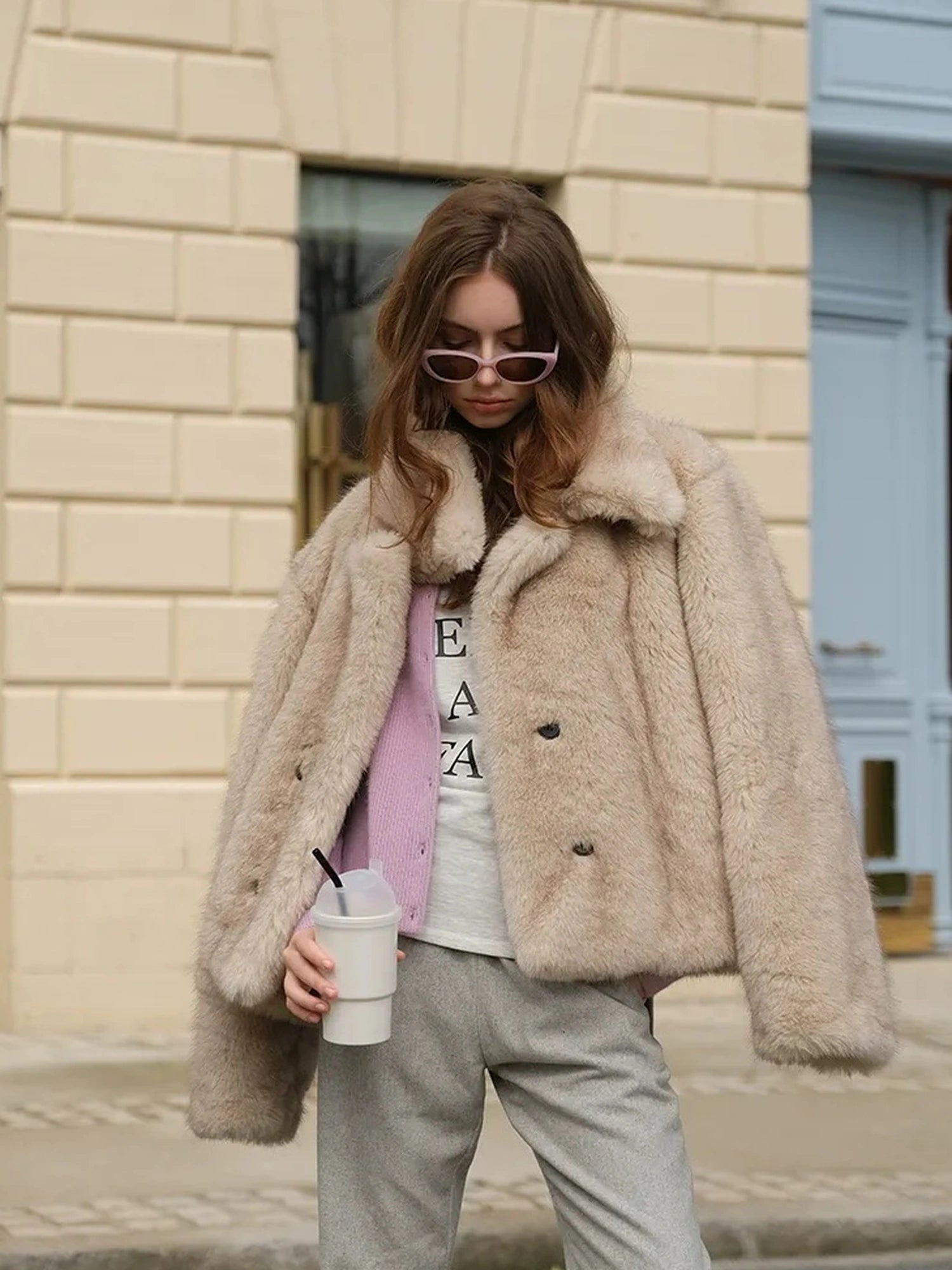 Faux Fox Fur Collar Winter Coat V-neck T-shirt Long Sleeve