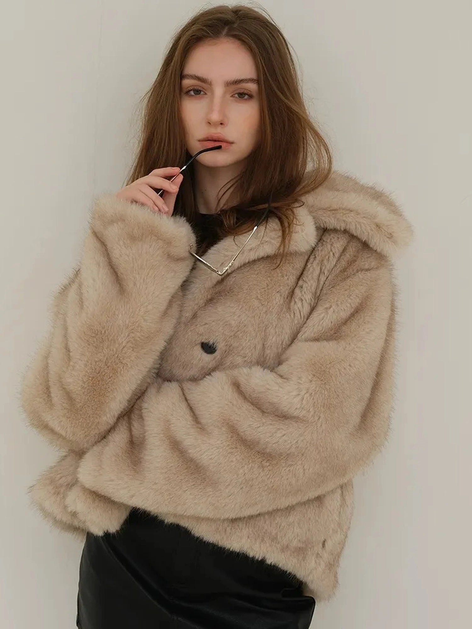 Faux Fox Fur Collar Winter Coat V-neck T-shirt Long Sleeve
