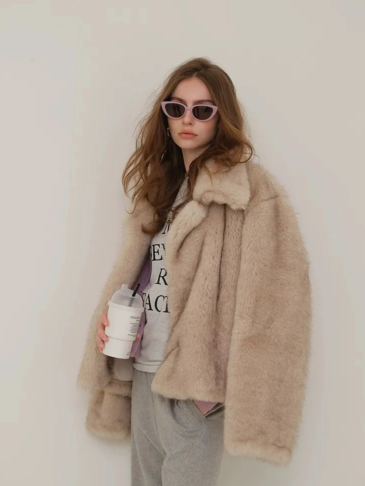 Faux Fox Fur Collar Winter Coat V-neck T-shirt Long Sleeve