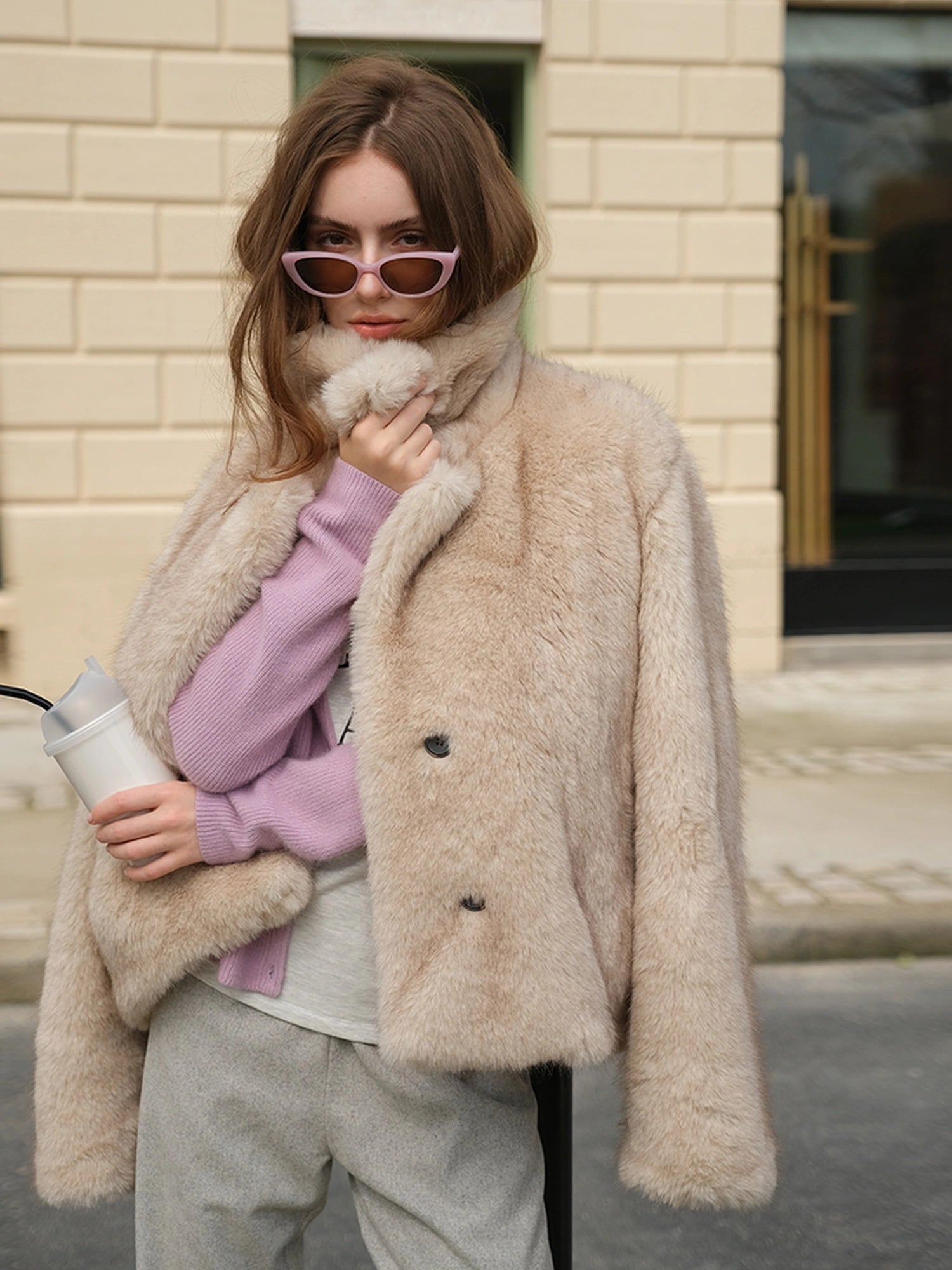 Faux Fox Fur Collar Winter Coat V-neck T-shirt Long Sleeve