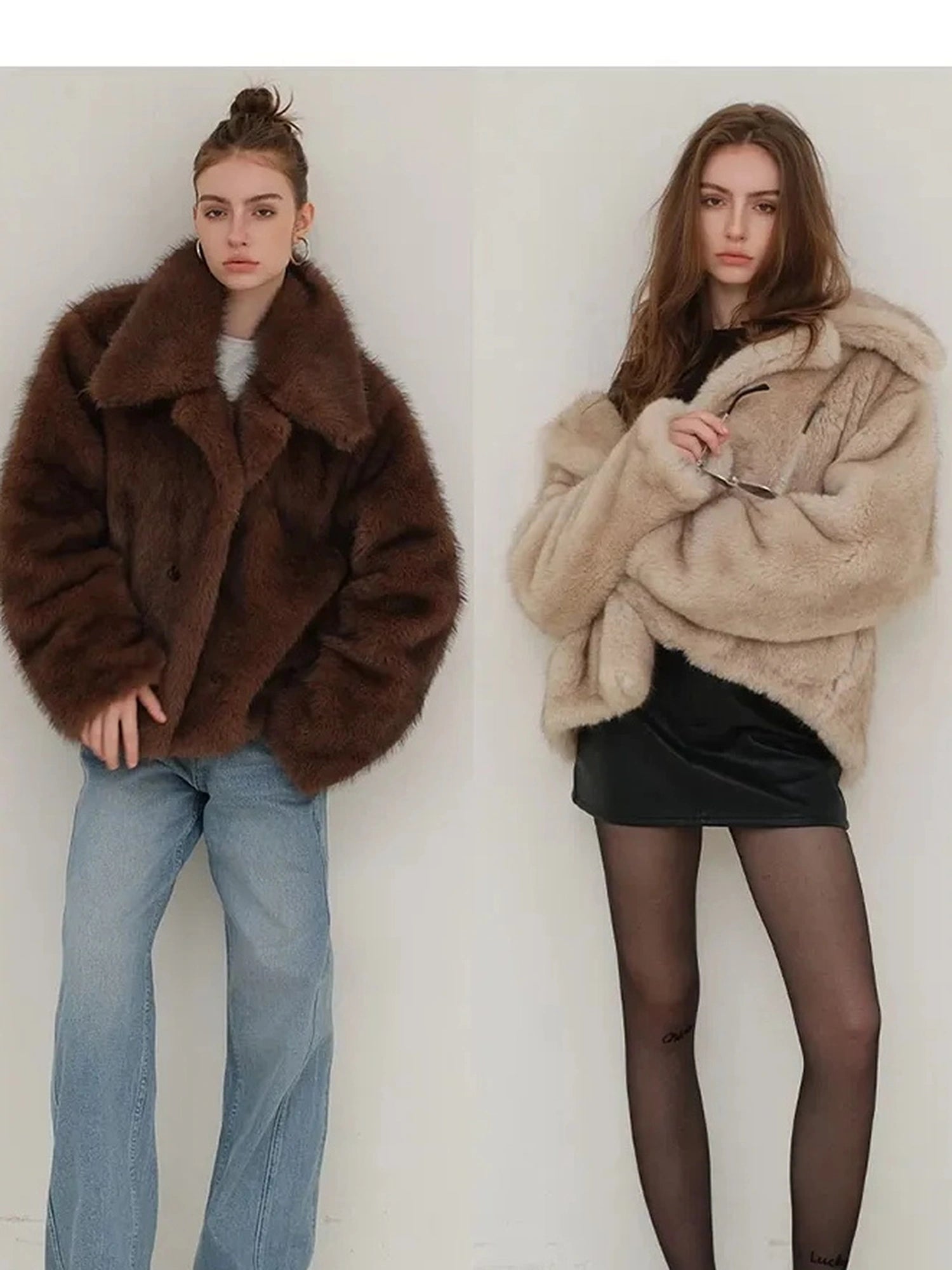 Faux Fox Fur Collar Winter Coat V-neck T-shirt Long Sleeve