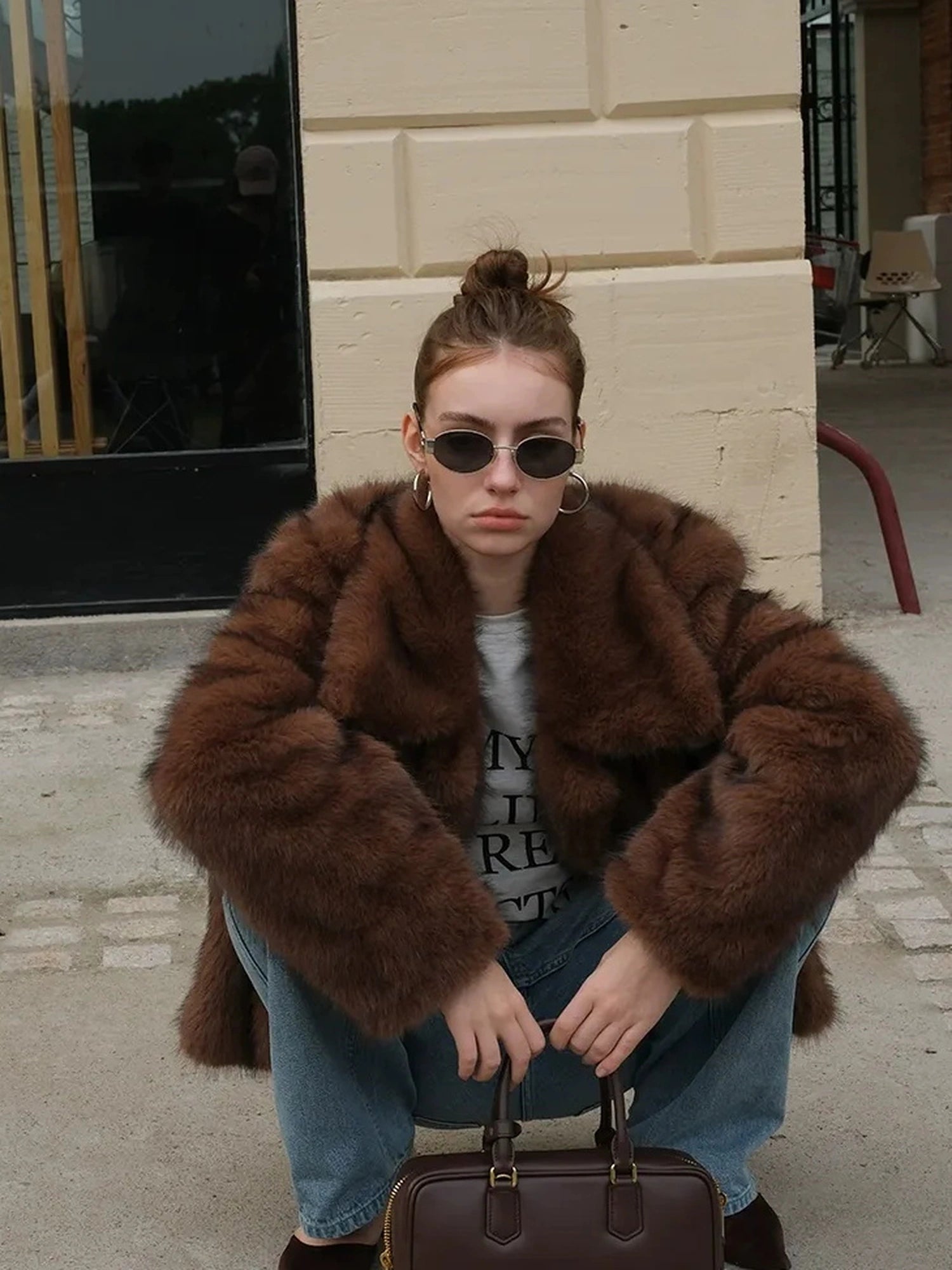 Faux Fox Fur Collar Winter Coat V-neck T-shirt Long Sleeve