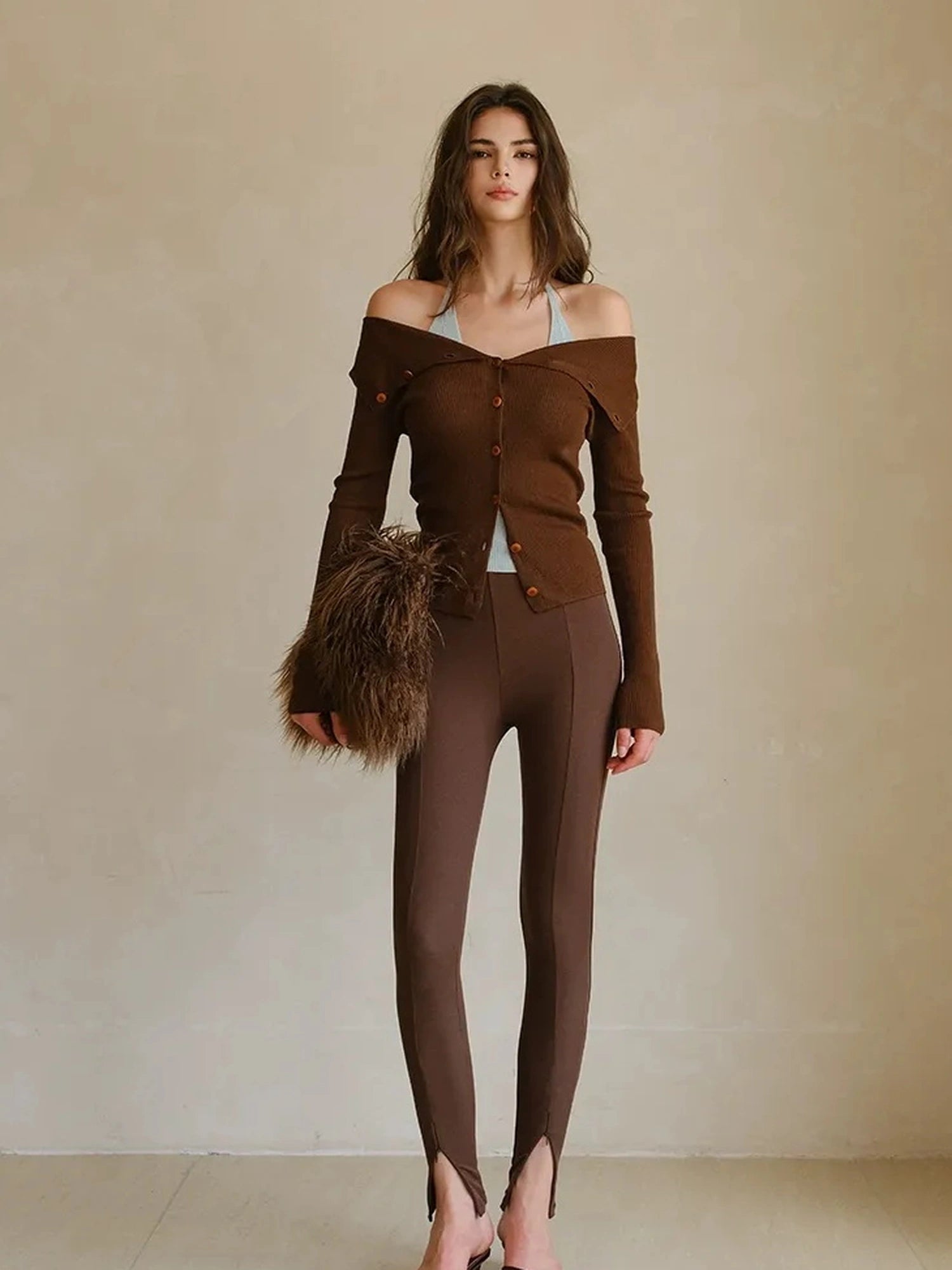 FU FRESH UP Fine Wool Off Shoulder Knit Two Piece Set