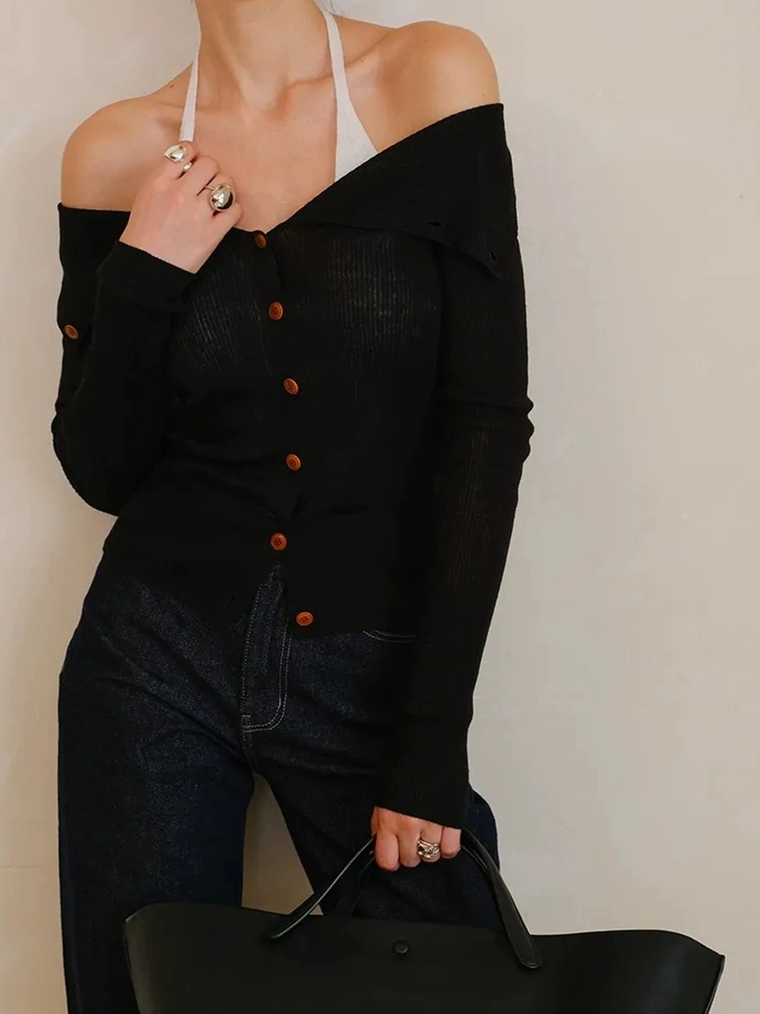 FU FRESH UP Fine Wool Off Shoulder Knit Two Piece Set