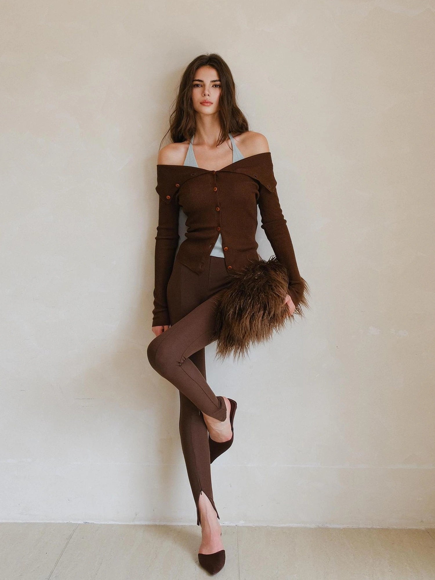 FU FRESH UP Fine Wool Off Shoulder Knit Two Piece Set