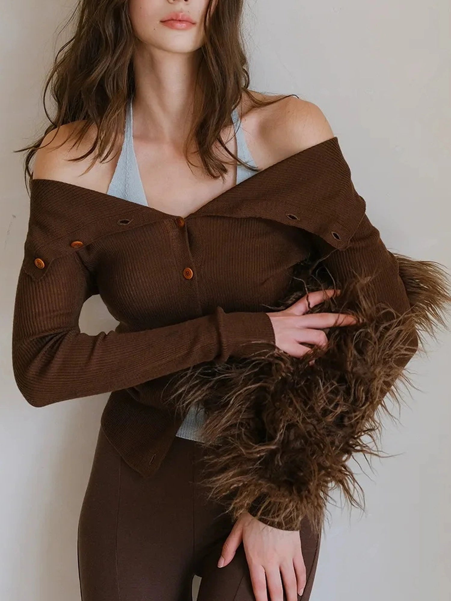 FU FRESH UP Fine Wool Off Shoulder Knit Two Piece Set