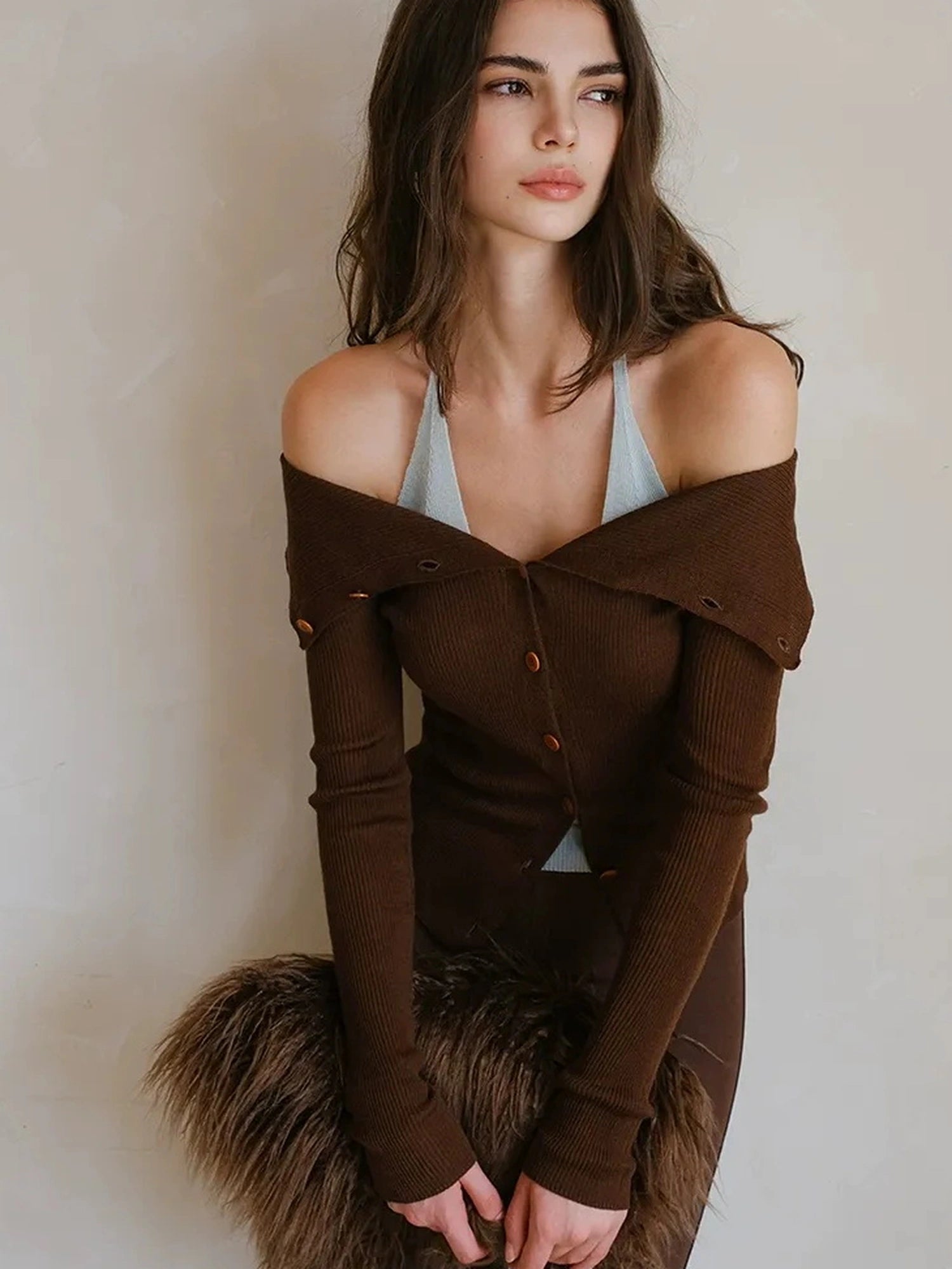 FU FRESH UP Fine Wool Off Shoulder Knit Two Piece Set