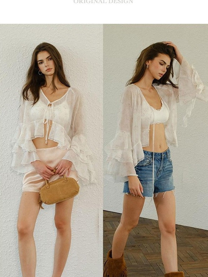 FU FRESH UP Floral Print Ruffle Tie V-neck Cropped Long Sleeve Women&