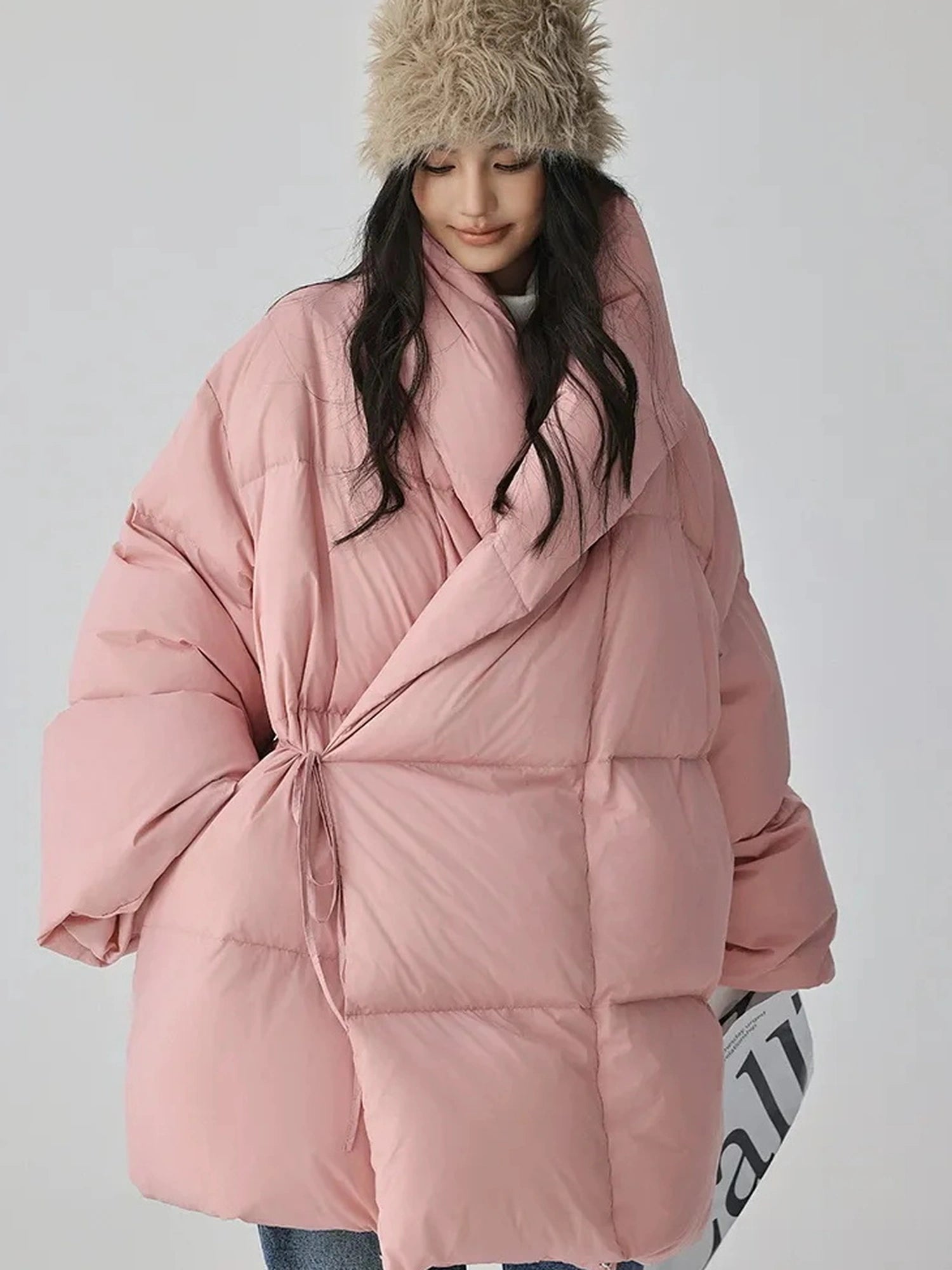 FU FRESH UP Fluffy Cloud Puffer Down Coat With Waist Tie