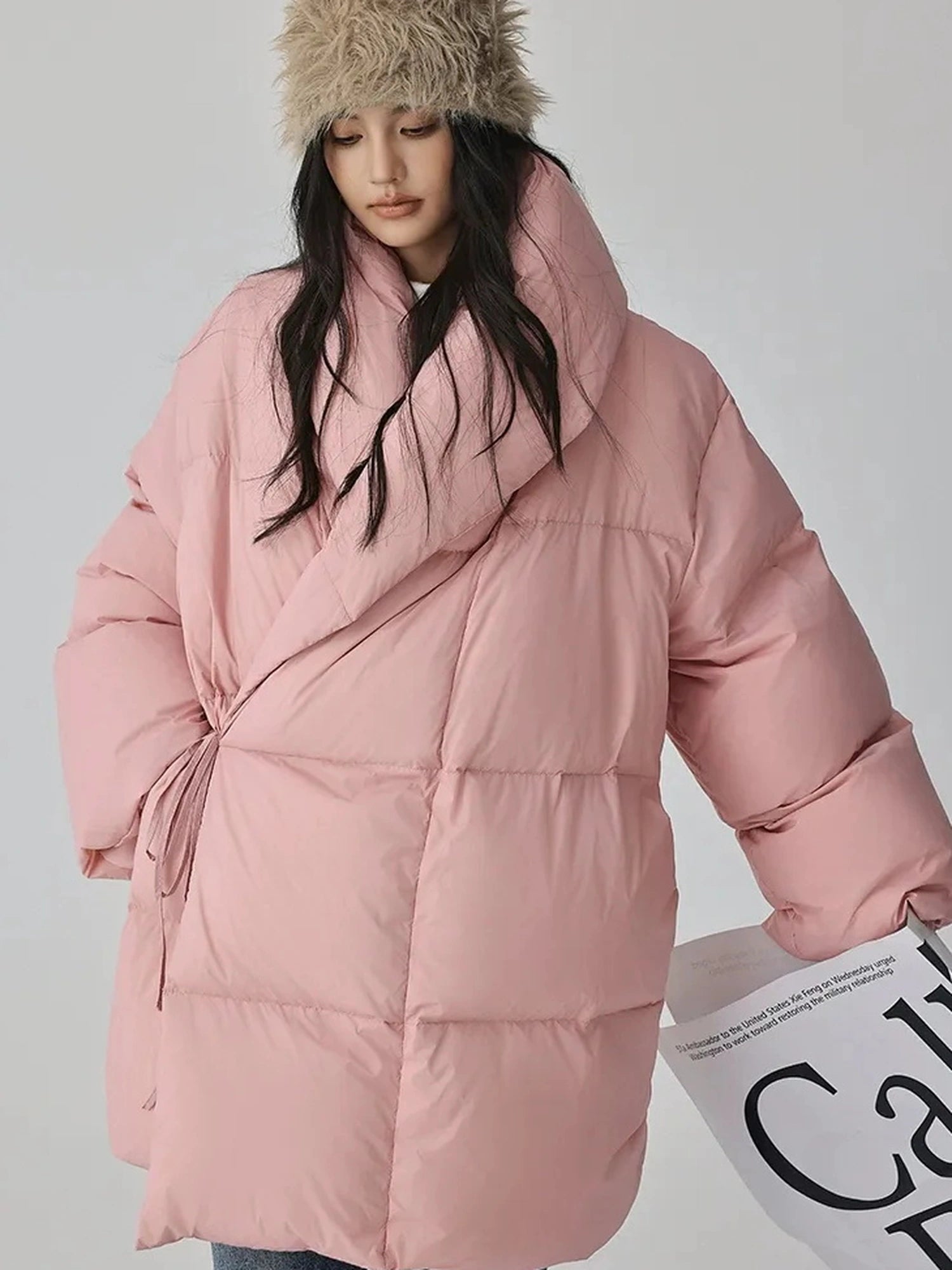 FU FRESH UP Fluffy Cloud Puffer Down Coat With Waist Tie