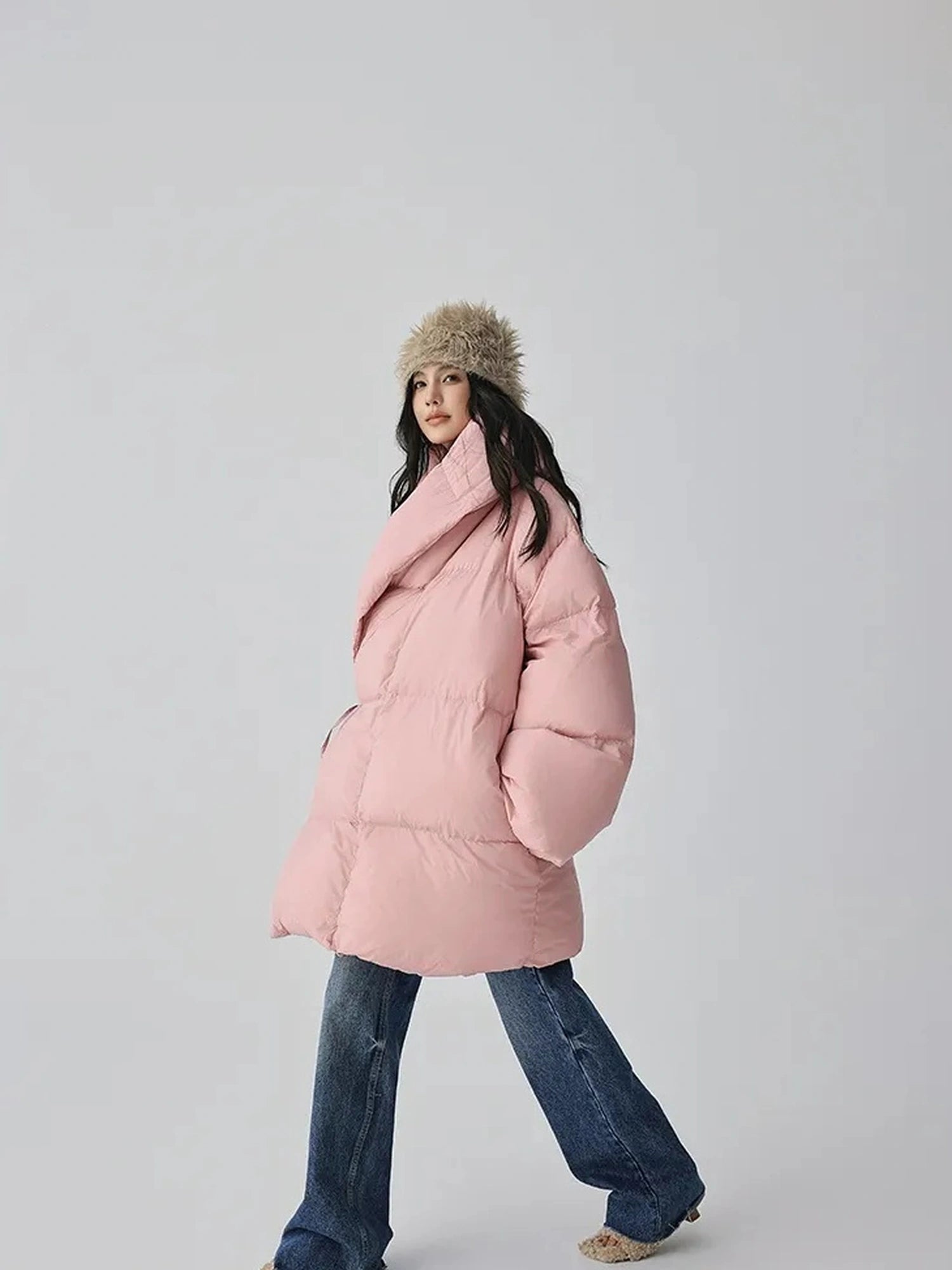 FU FRESH UP Fluffy Cloud Puffer Down Coat With Waist Tie
