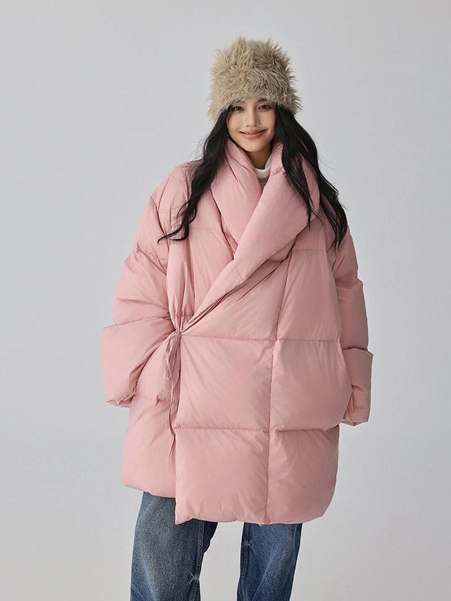 FU FRESH UP Fluffy Cloud Puffer Down Coat With Waist Tie