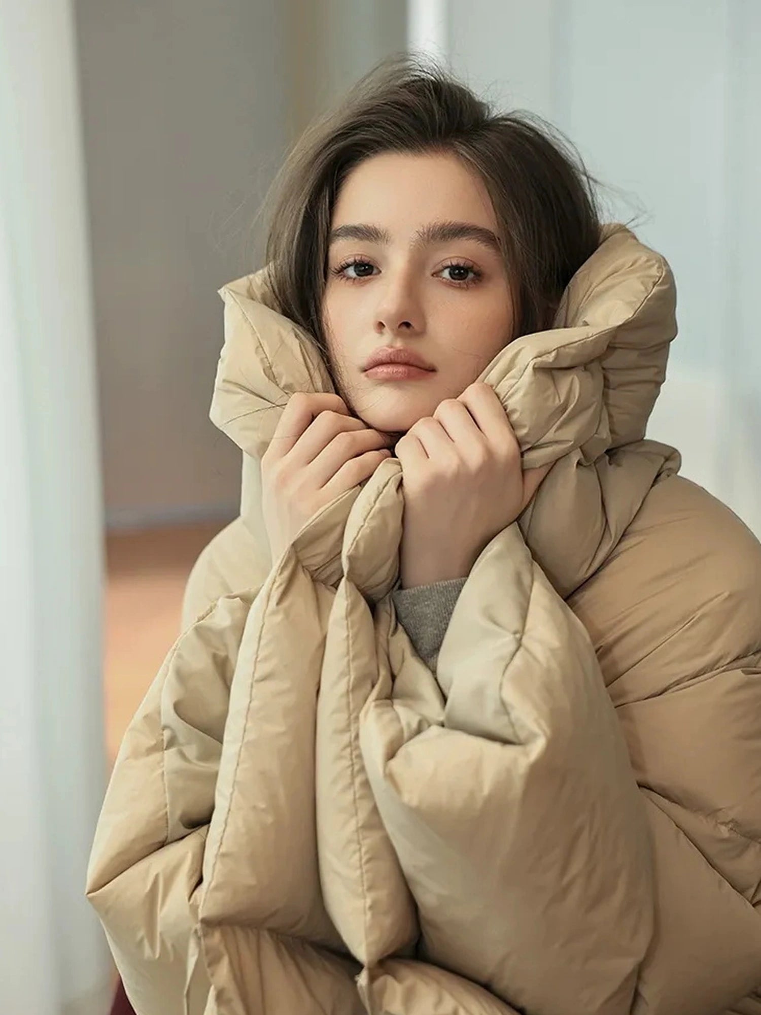 FU FRESH UP Fluffy Cloud Puffer Down Coat With Waist Tie