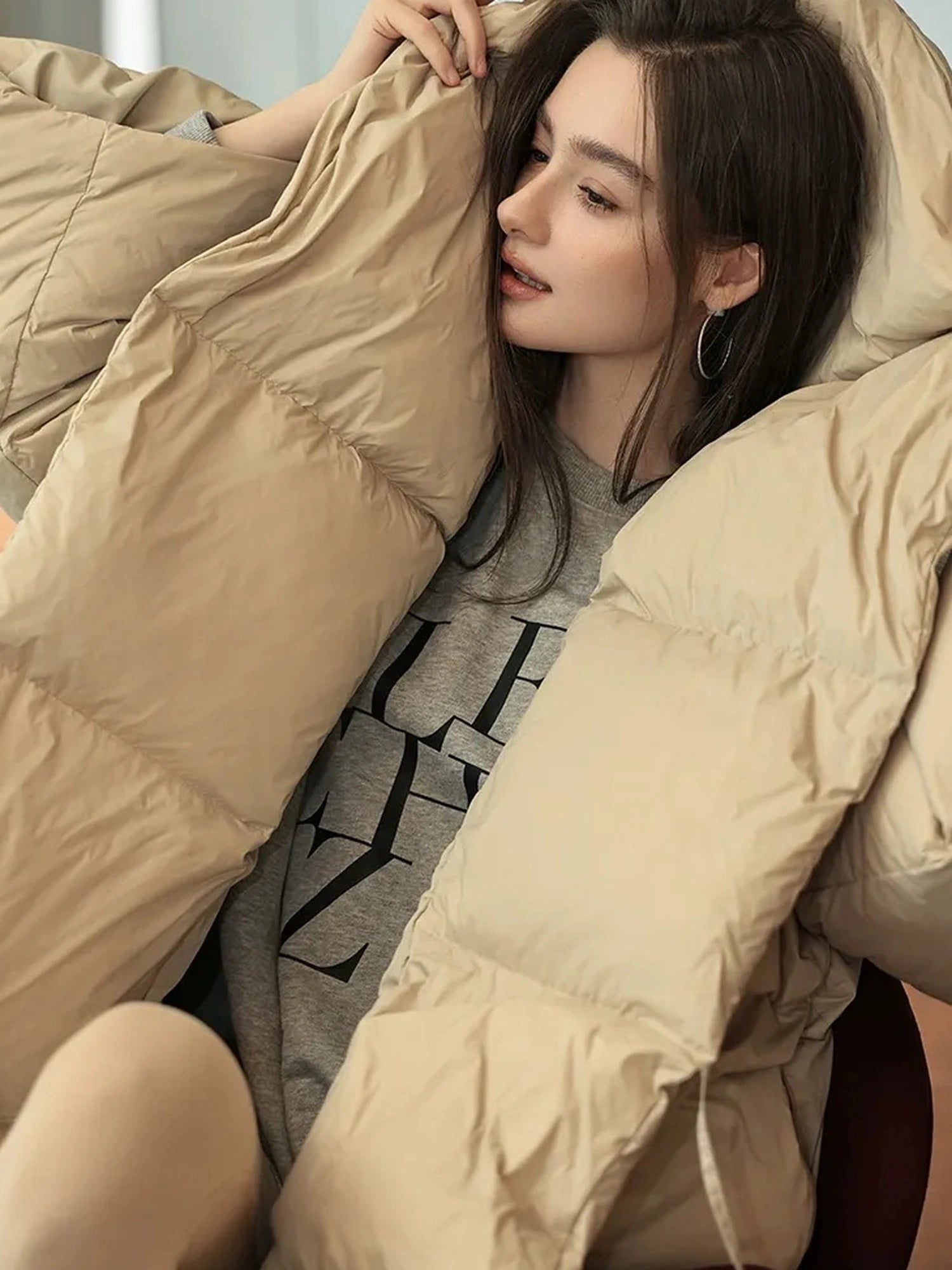 FU FRESH UP Fluffy Cloud Puffer Down Coat With Waist Tie