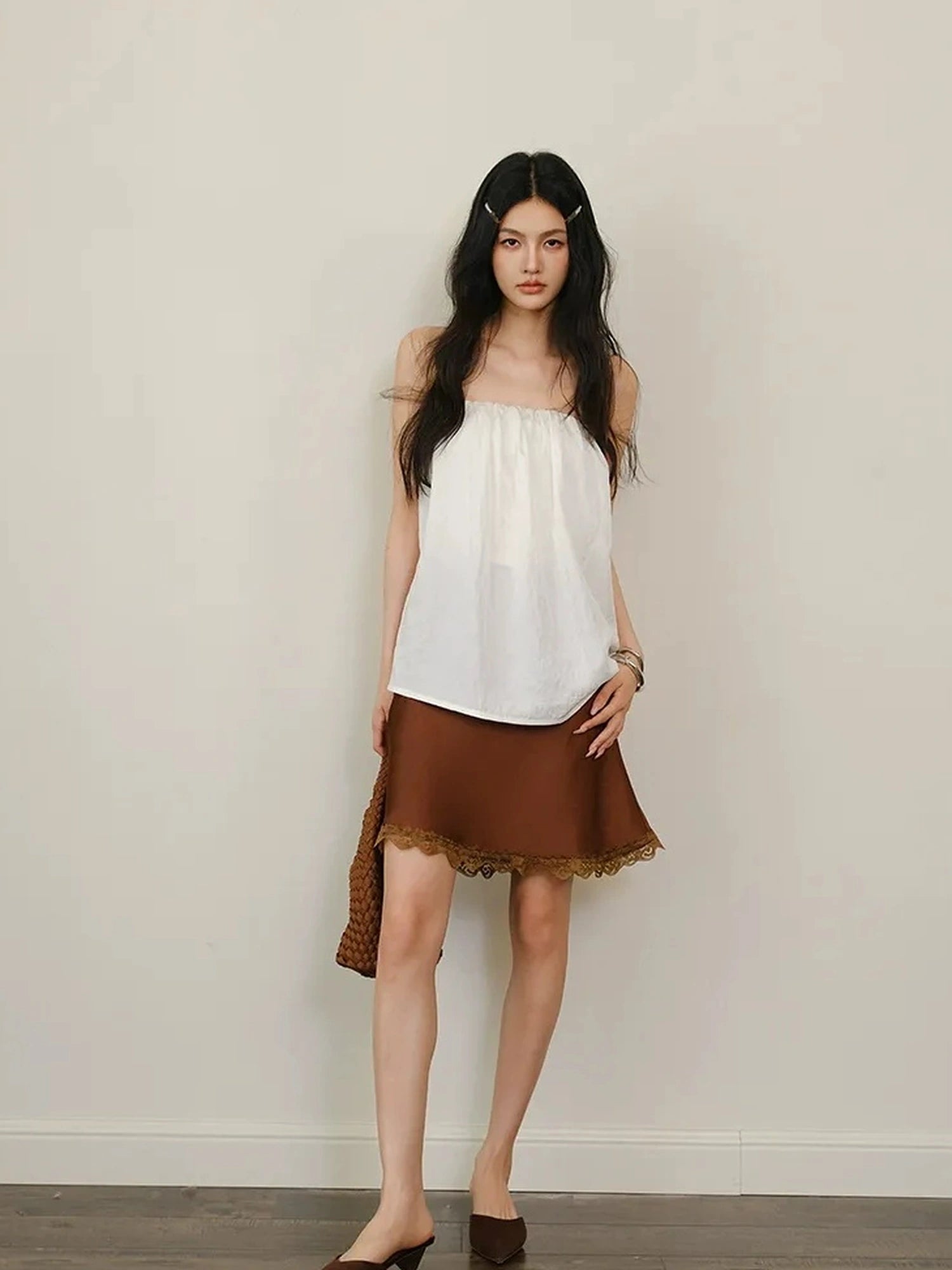 FU FRESH UP French Elegance Lace Trim Satin Slip Skirt