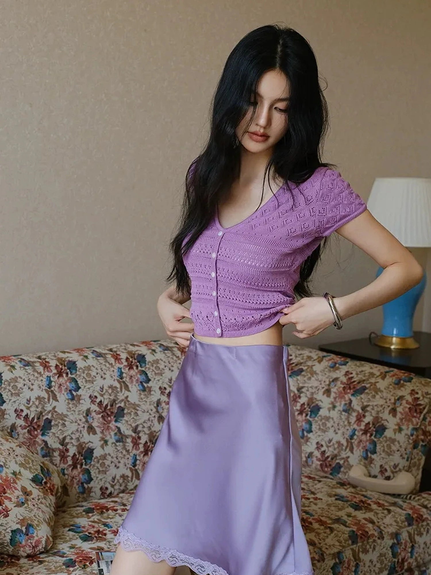 FU FRESH UP French Elegance Lace Trim Satin Slip Skirt