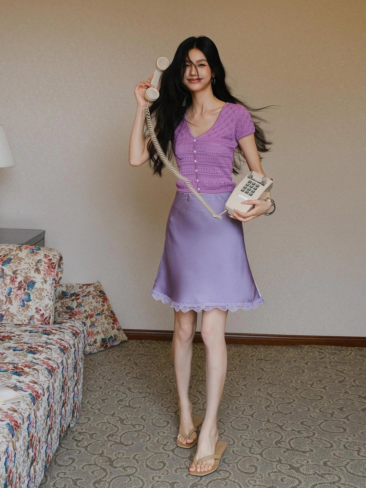 FU FRESH UP French Elegance Lace Trim Satin Slip Skirt