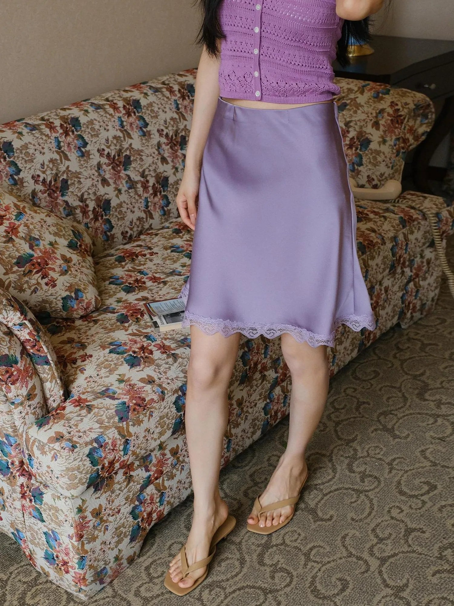 FU FRESH UP French Elegance Lace Trim Satin Slip Skirt