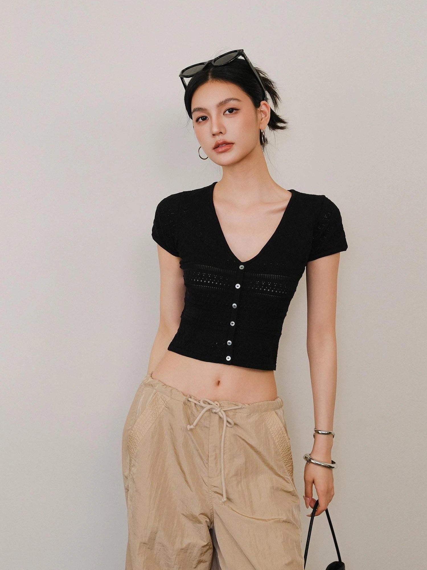 FU FRESH UP French Hollow Crochet V-neck Crop Top