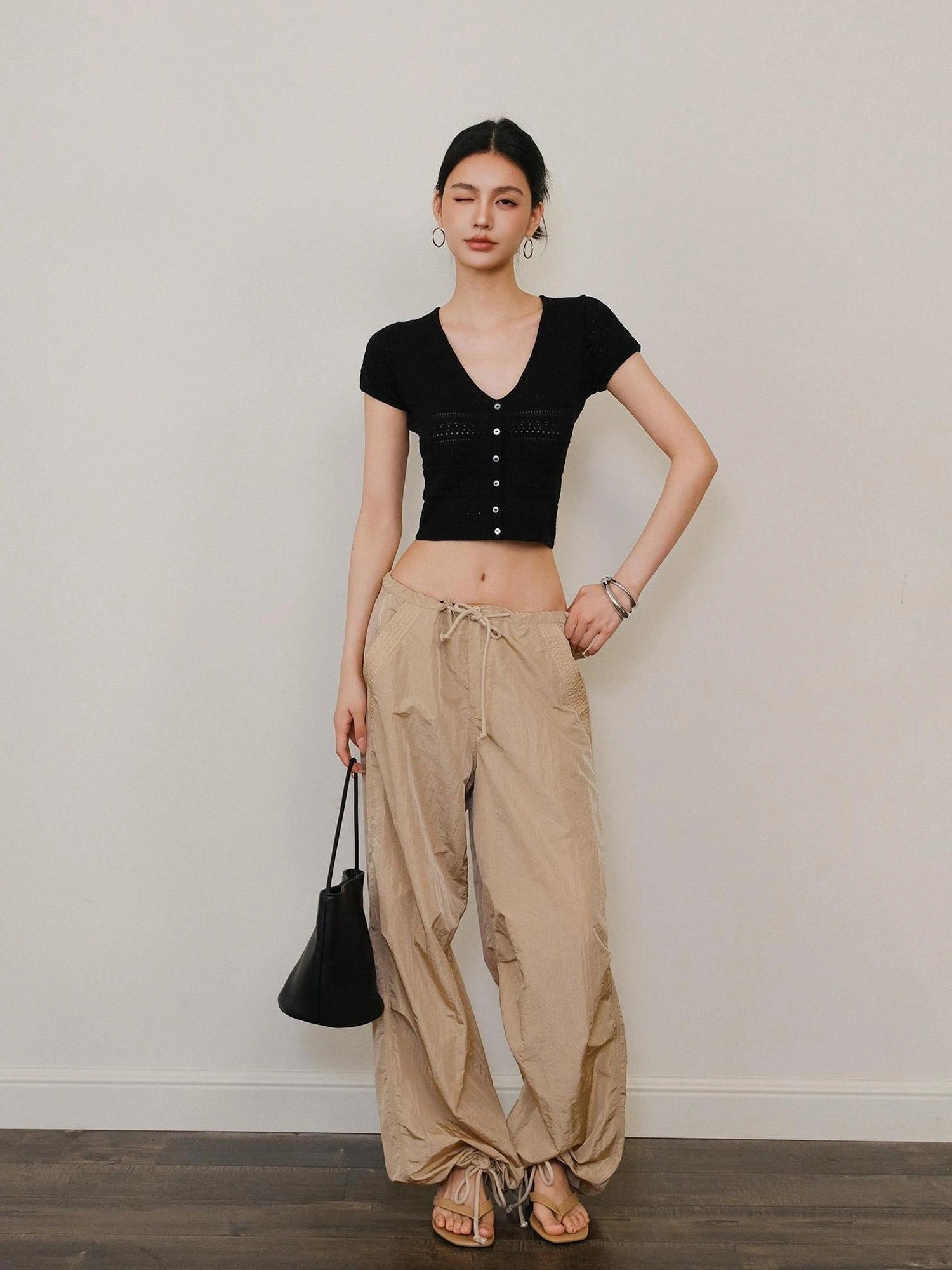 FU FRESH UP French Hollow Crochet V-neck Crop Top