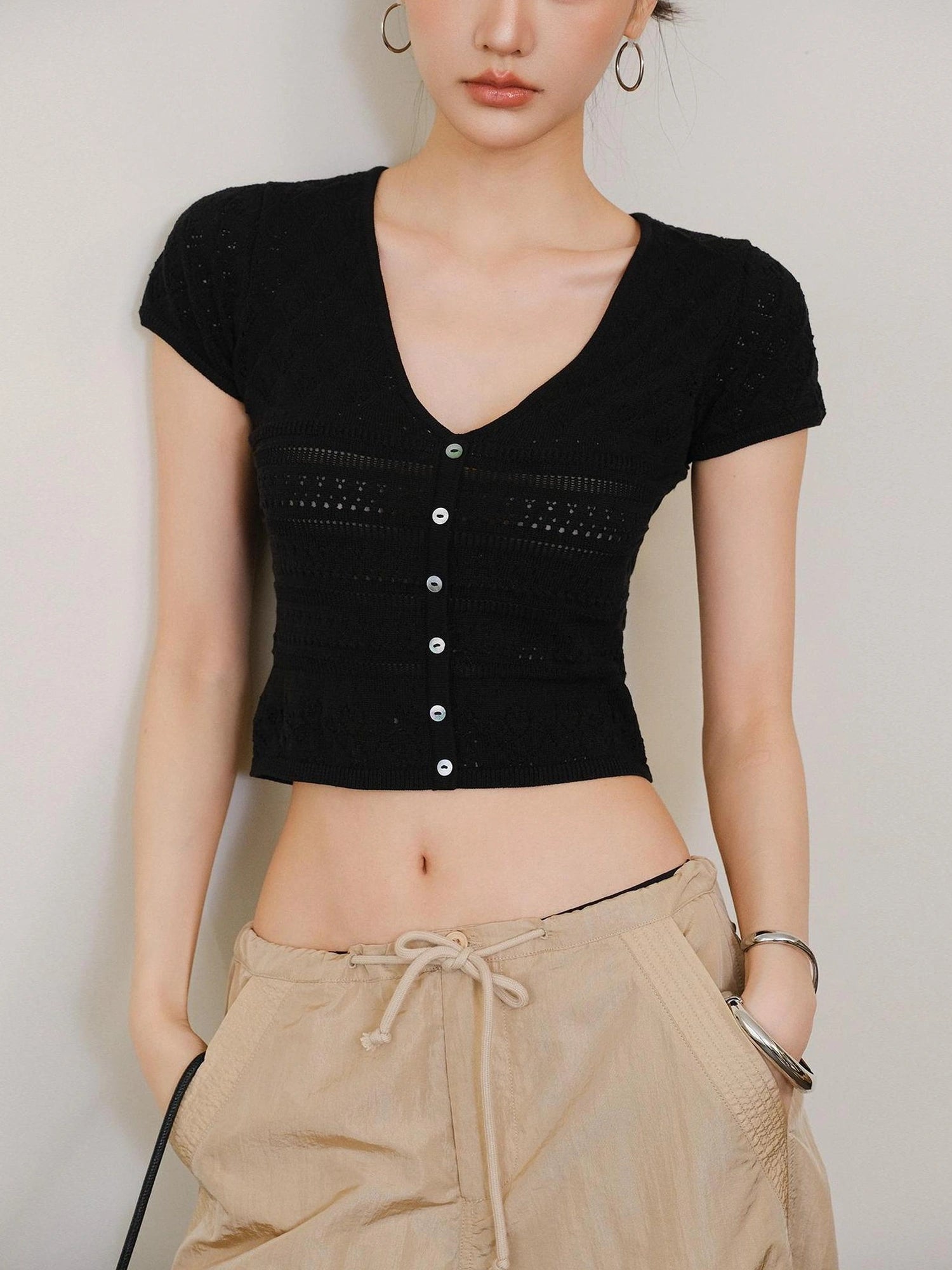 FU FRESH UP French Hollow Crochet V-neck Crop Top