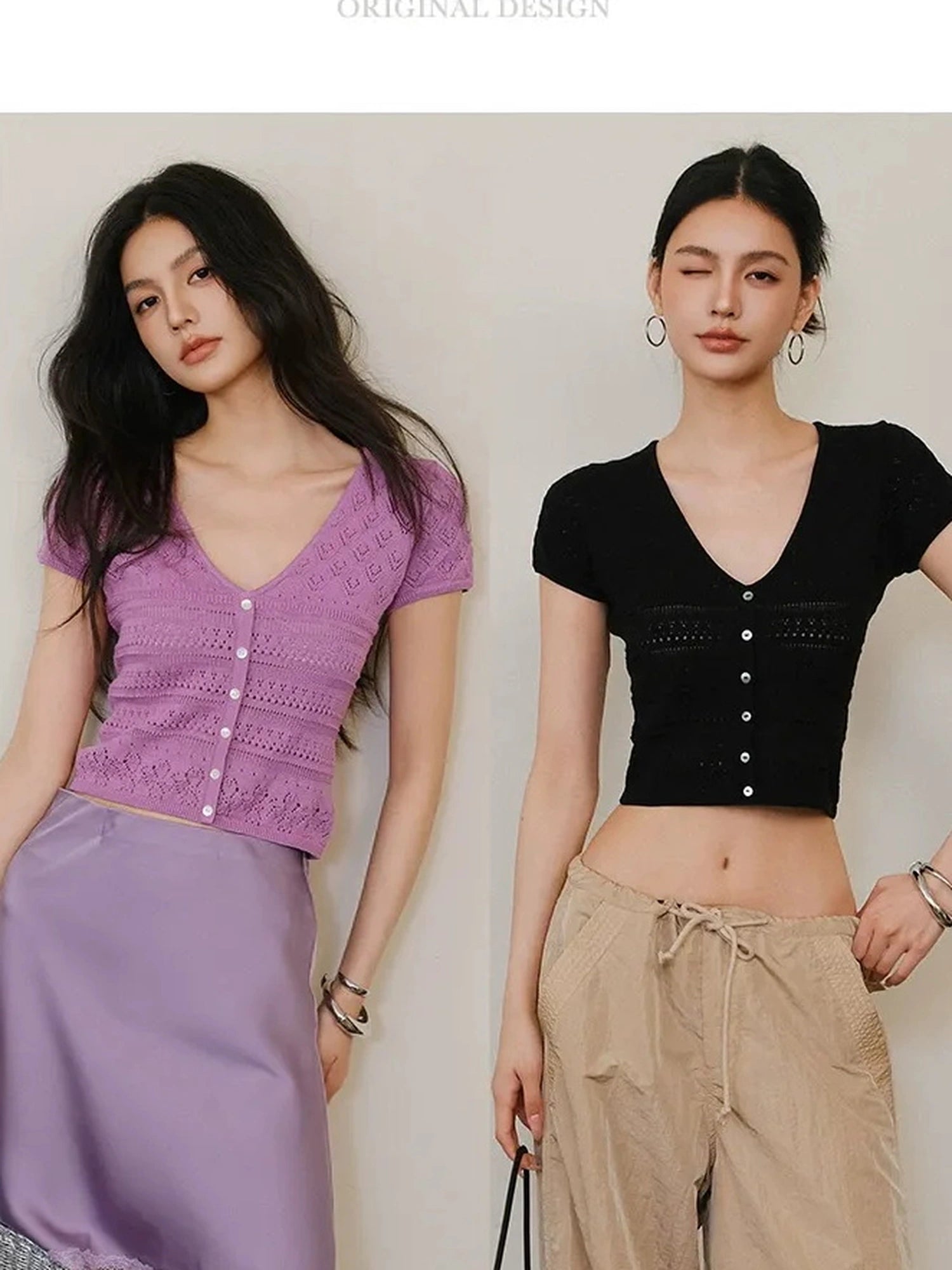 FU FRESH UP French Hollow Crochet V-neck Crop Top