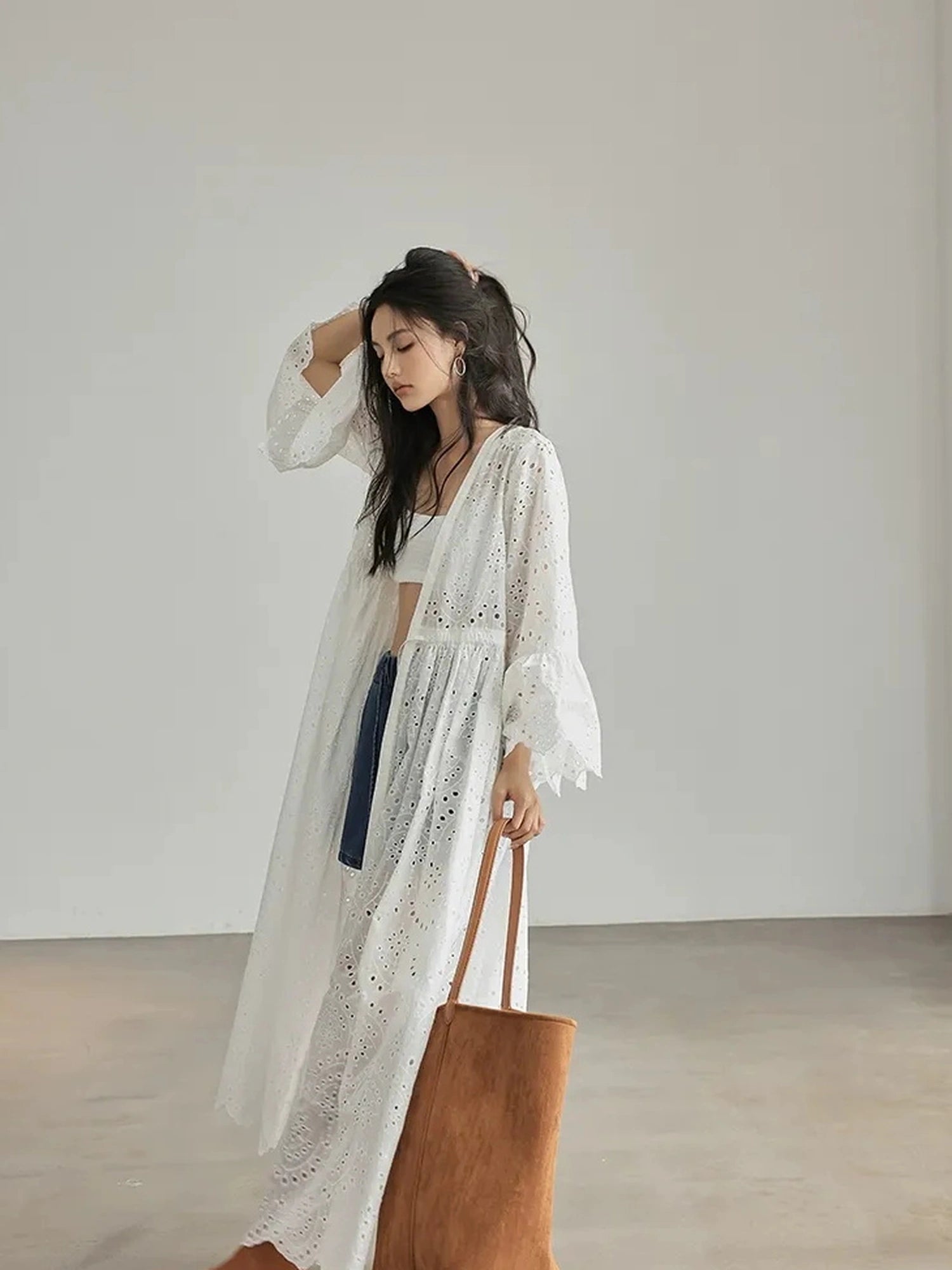 French Lace Embroidered Maxi Dress With Flared Sleeves