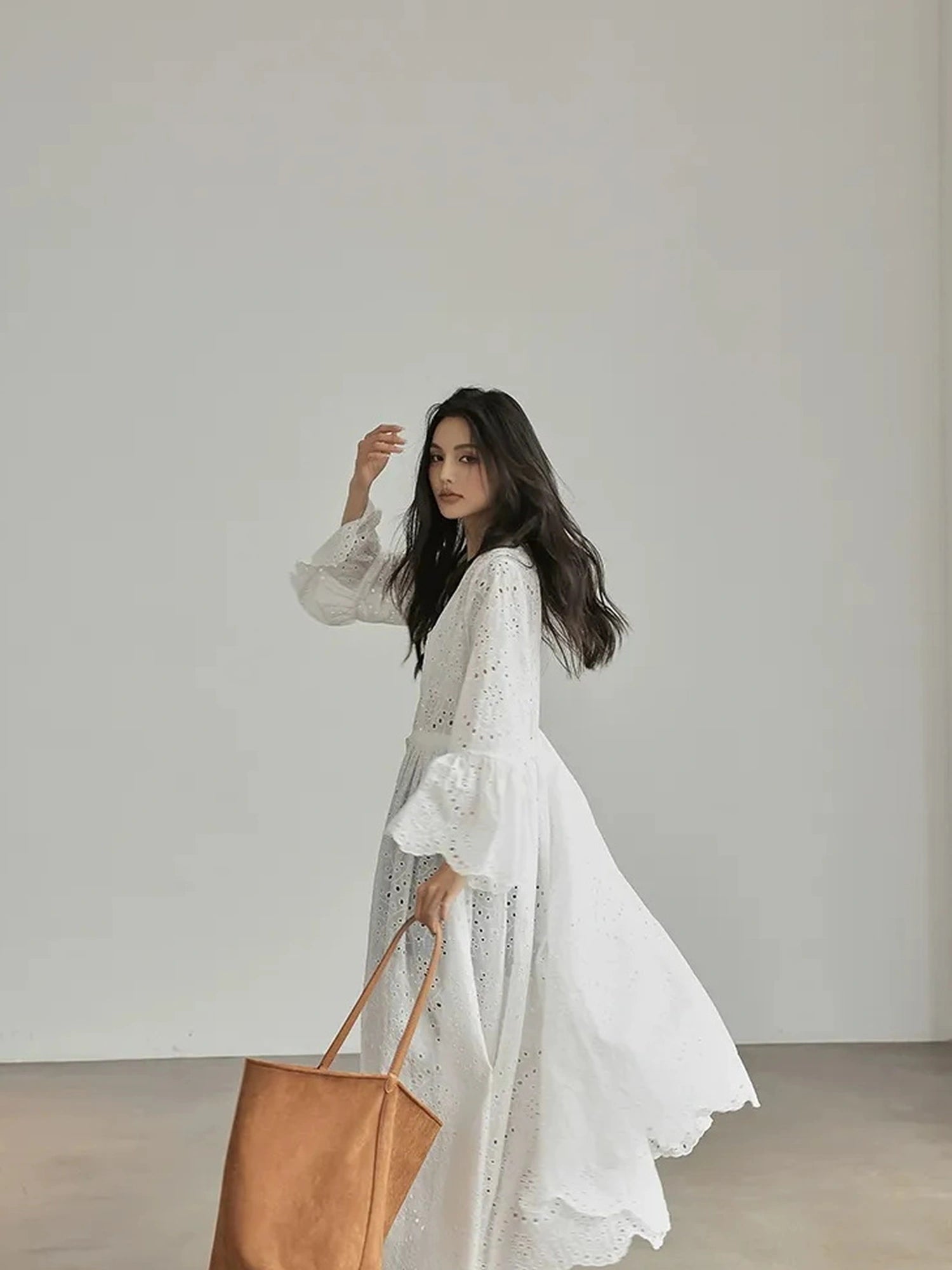 French Lace Embroidered Maxi Dress With Flared Sleeves