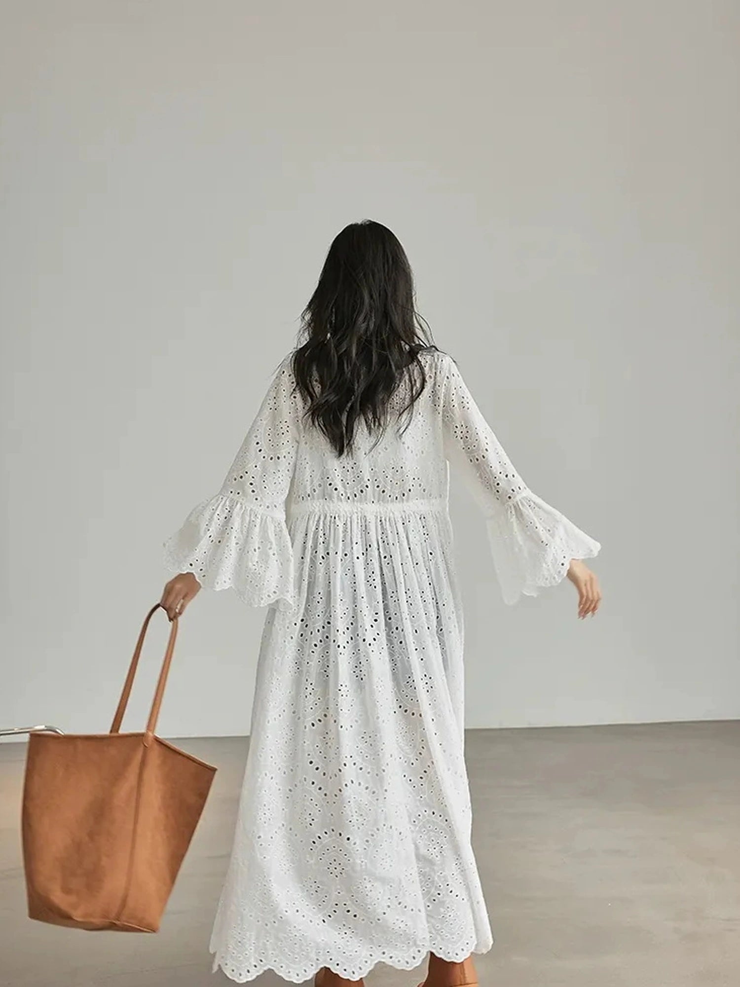 French Lace Embroidered Maxi Dress With Flared Sleeves