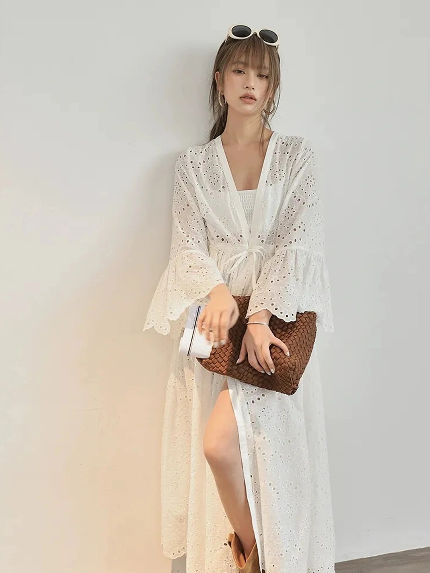 French Lace Embroidered Maxi Dress With Flared Sleeves