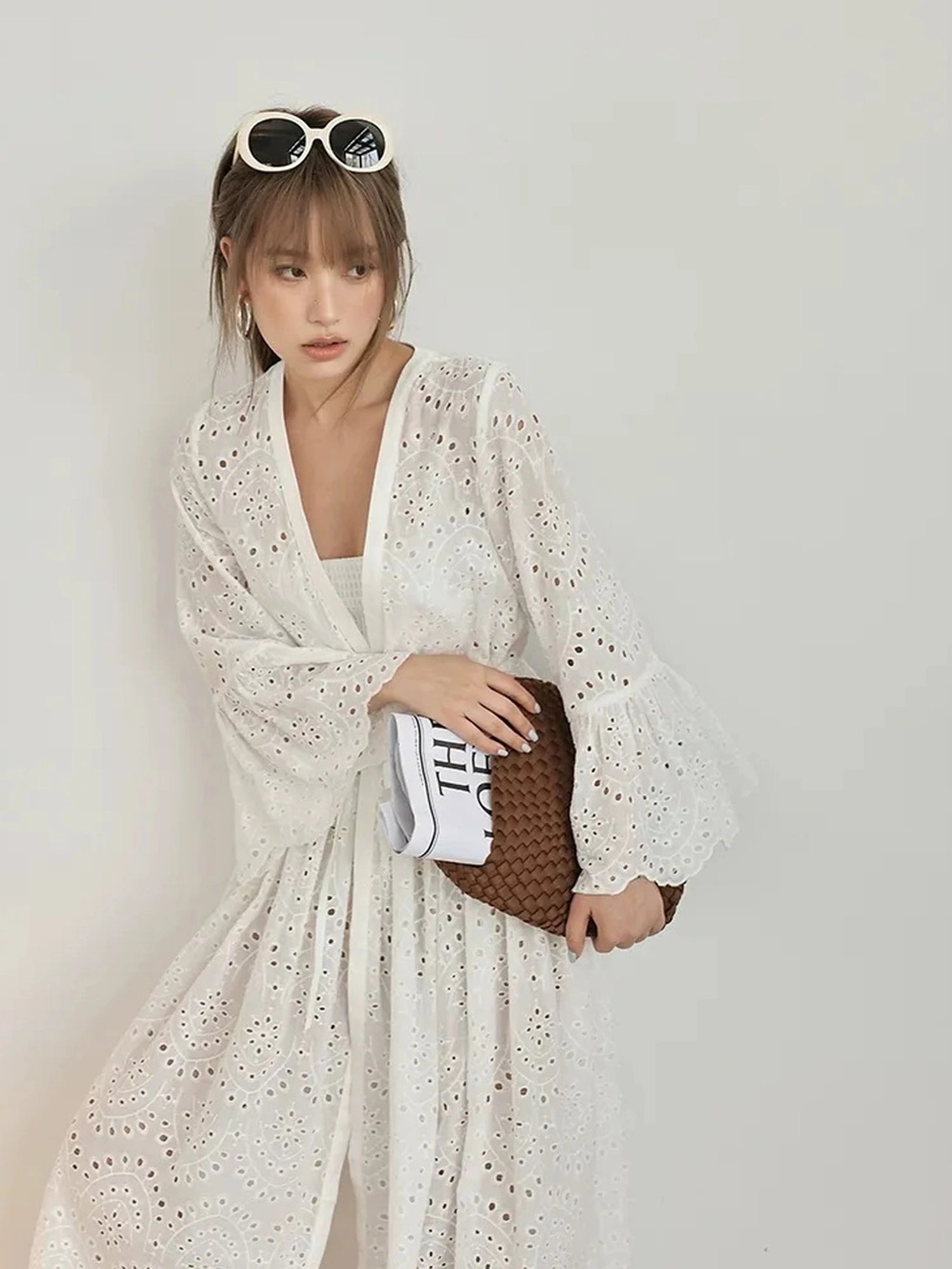 French Lace Embroidered Maxi Dress With Flared Sleeves