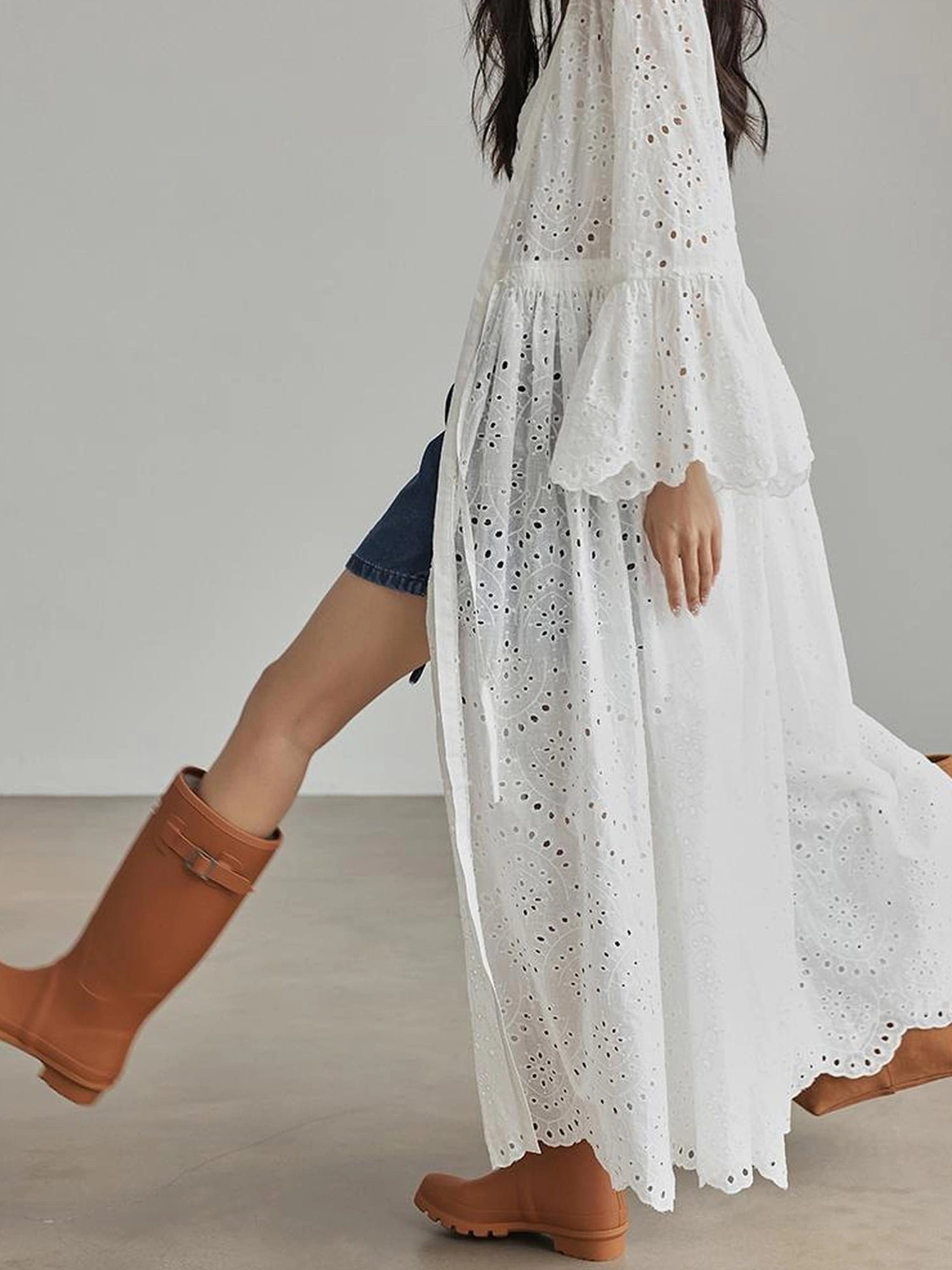 French Lace Embroidered Maxi Dress With Flared Sleeves