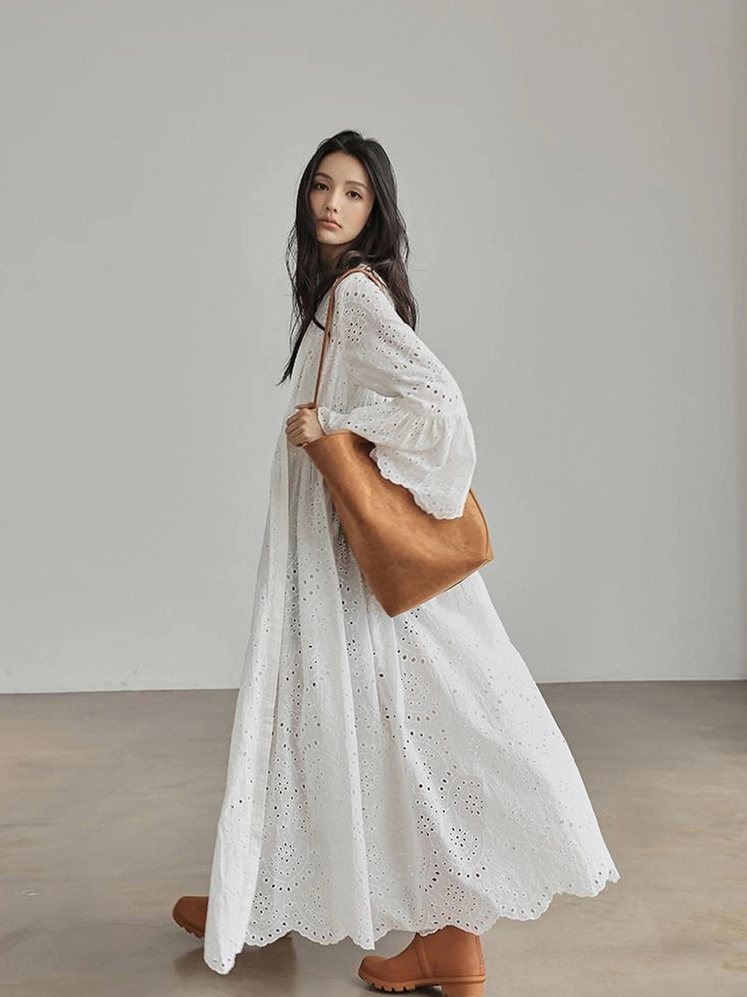 French Lace Embroidered Maxi Dress With Flared Sleeves