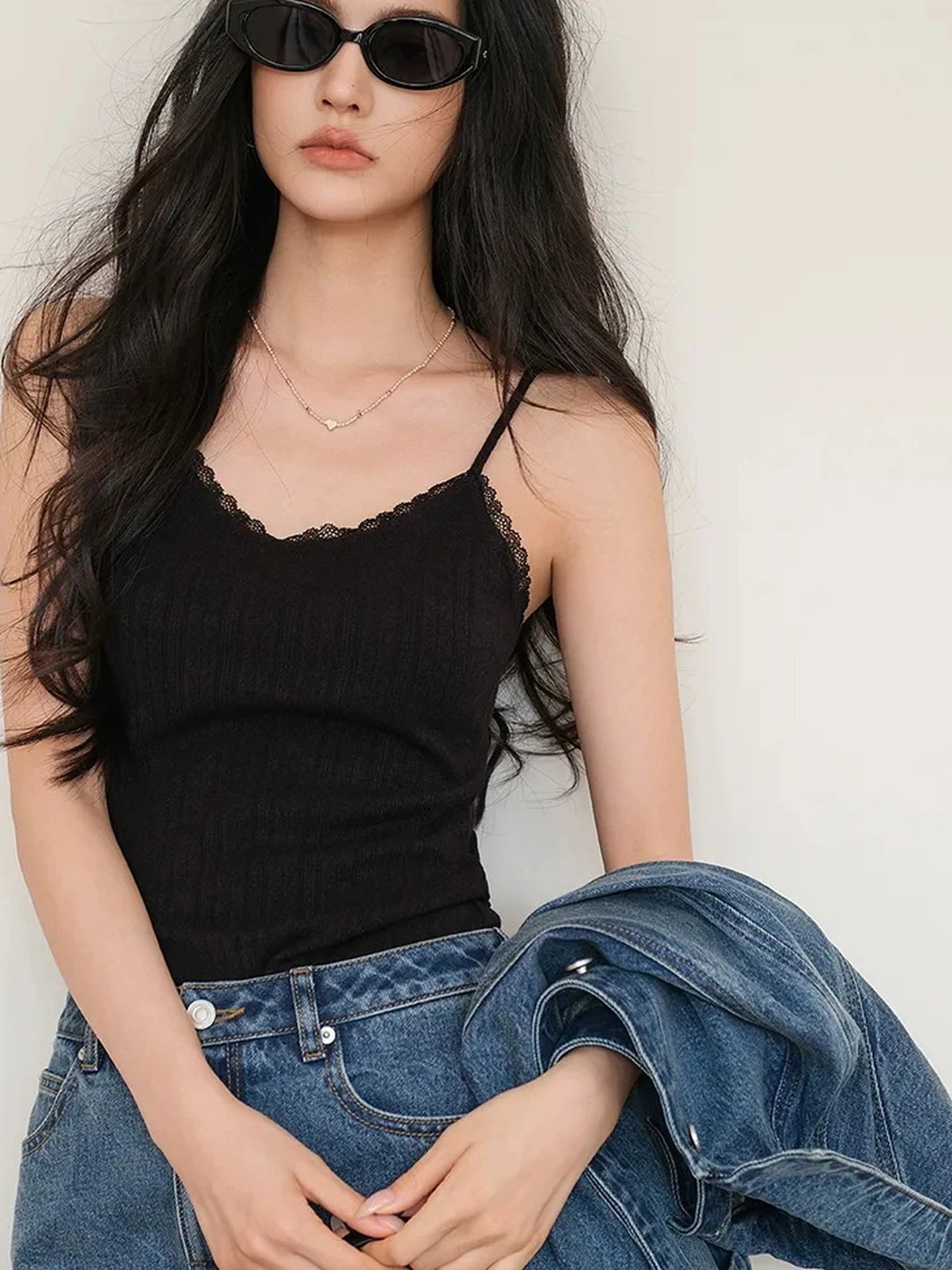 FU FRESH UP French Lace Knit Camisole V-neck T-shirt Long Sleeve