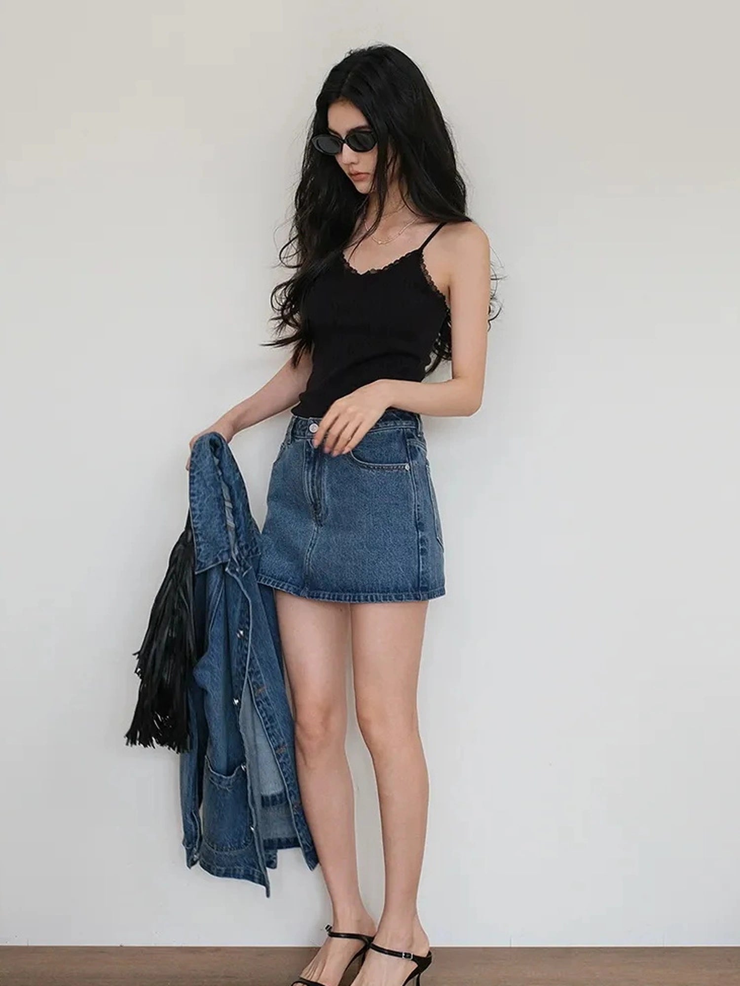 FU FRESH UP French Lace Knit Camisole V-neck T-shirt Long Sleeve