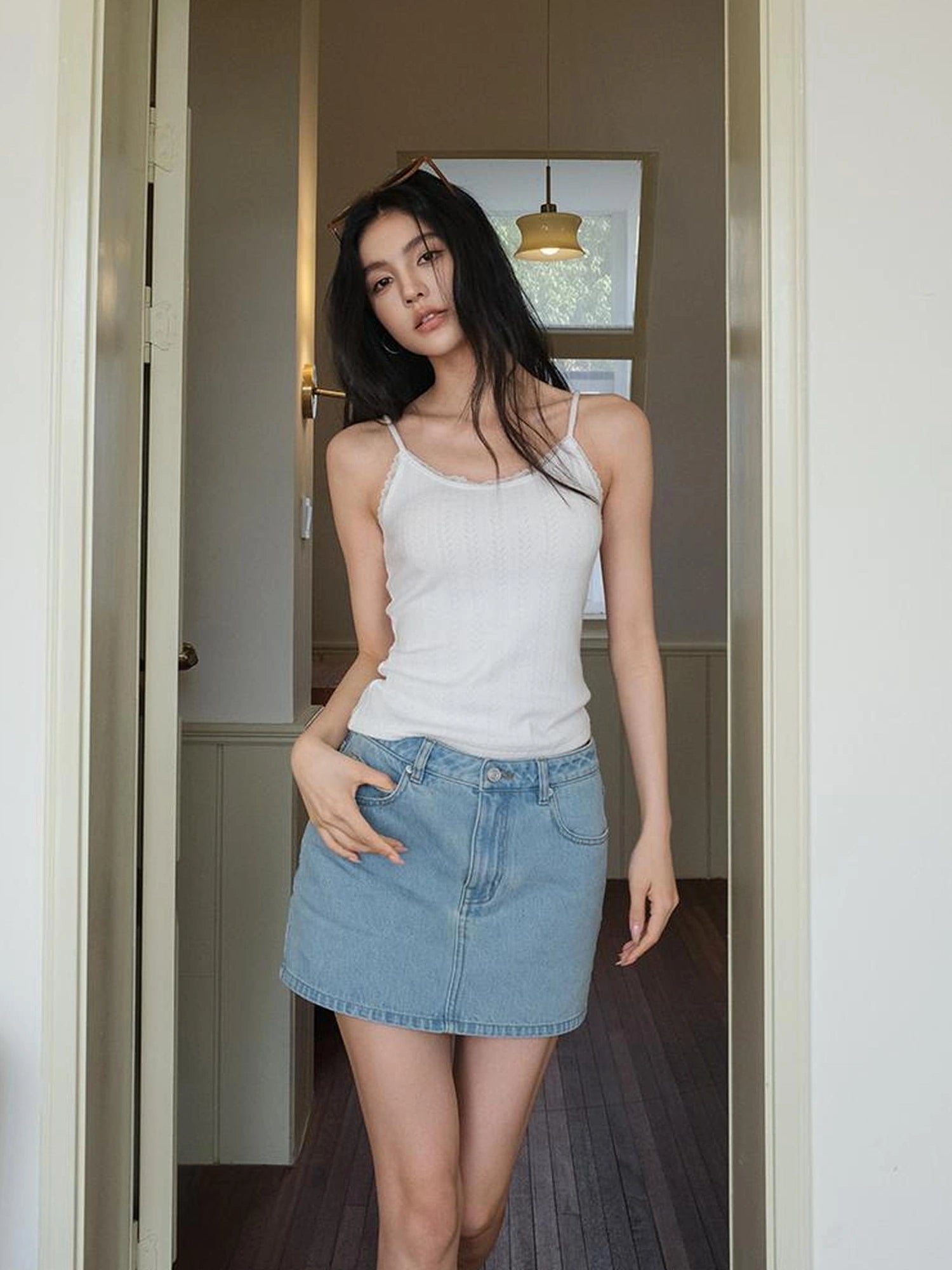 FU FRESH UP French Lace Knit Camisole V-neck T-shirt Long Sleeve