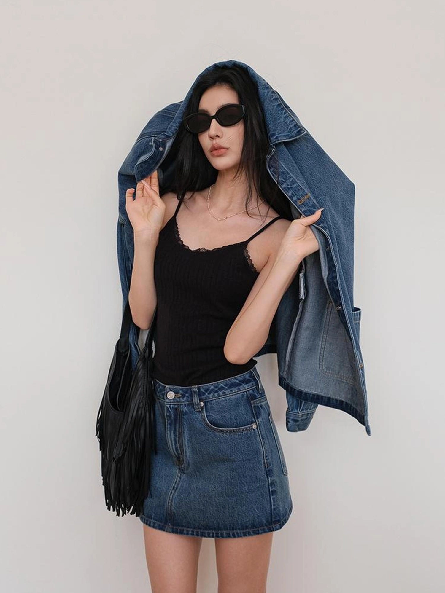 FU FRESH UP French Lace Knit Camisole V-neck T-shirt Long Sleeve
