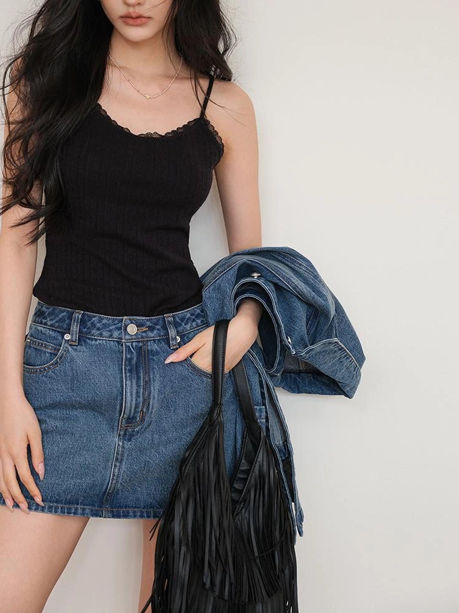 FU FRESH UP French Lace Knit Camisole V-neck T-shirt Long Sleeve