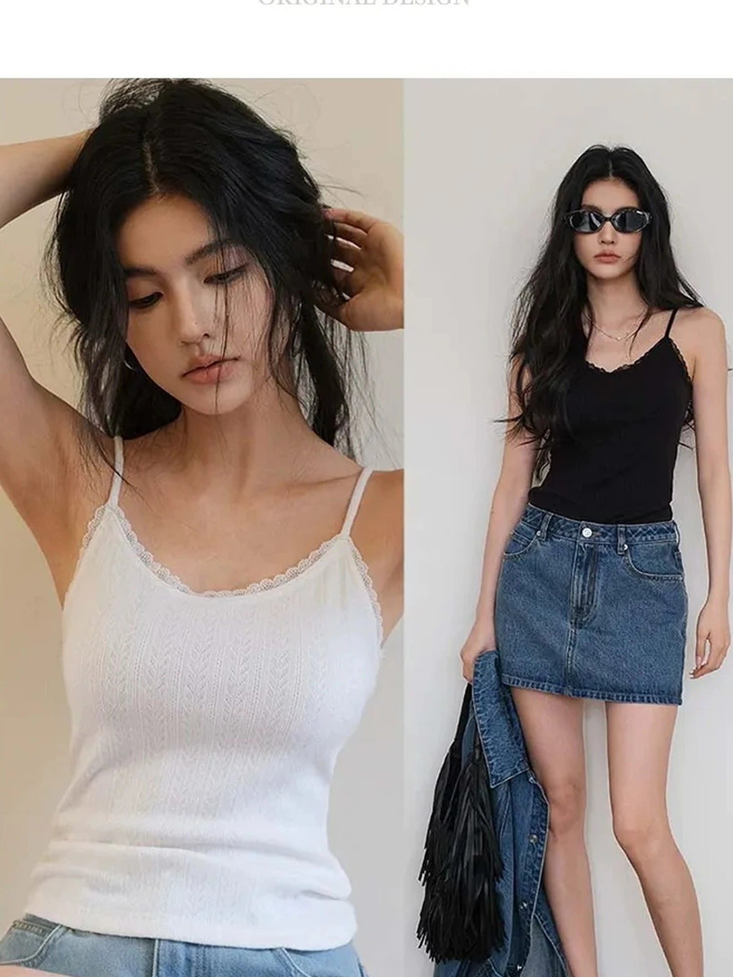 FU FRESH UP French Lace Knit Camisole V-neck T-shirt Long Sleeve
