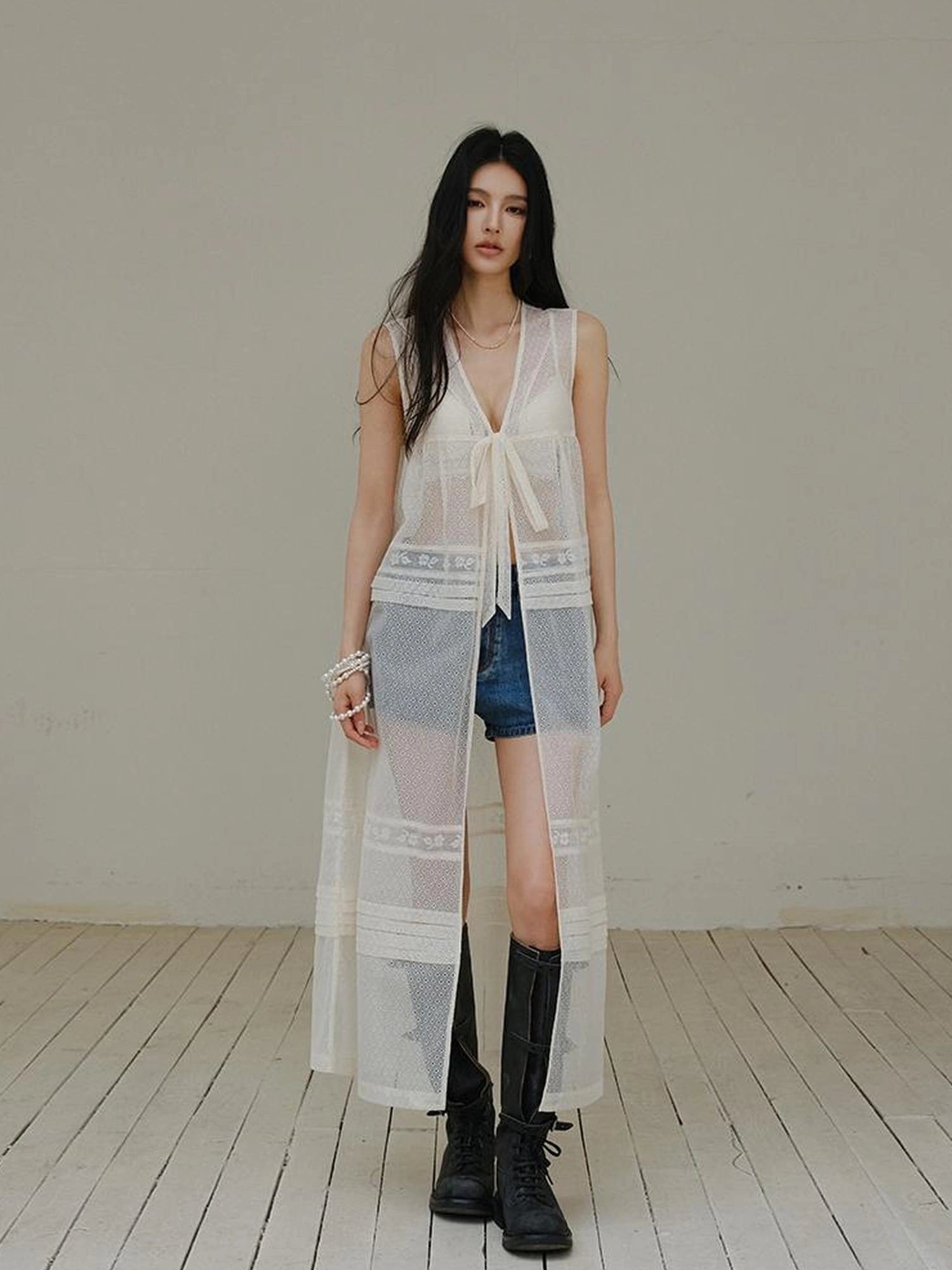 French Lace Sheer Long Vest With Slip Top Set