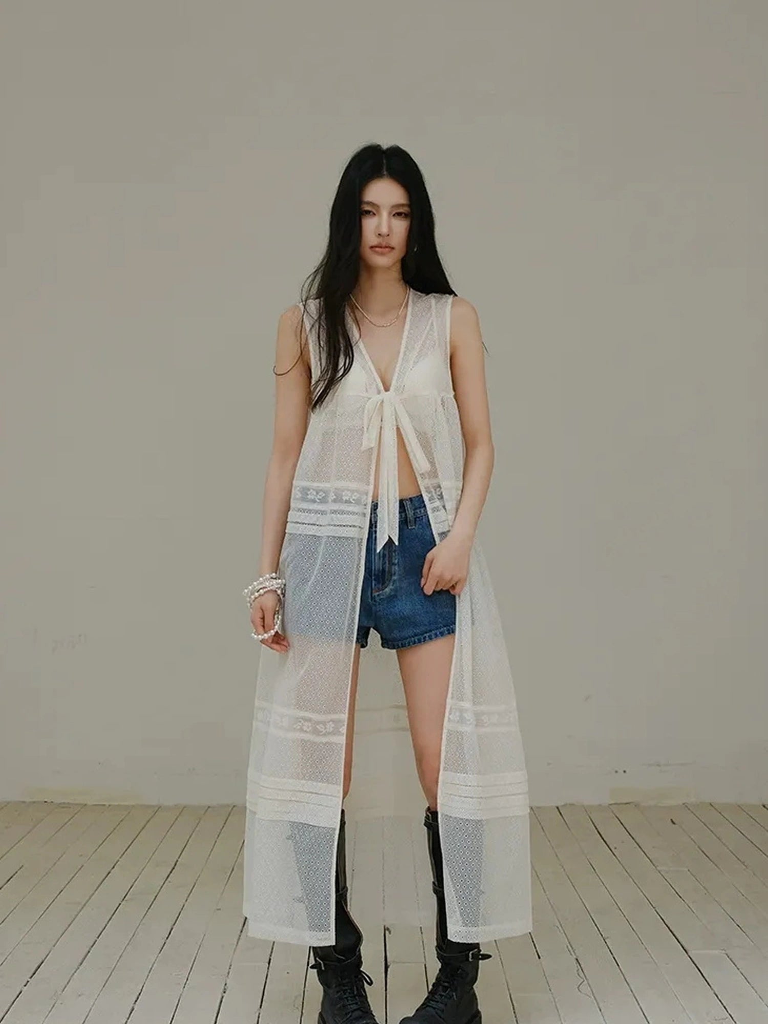 French Lace Sheer Long Vest With Slip Top Set