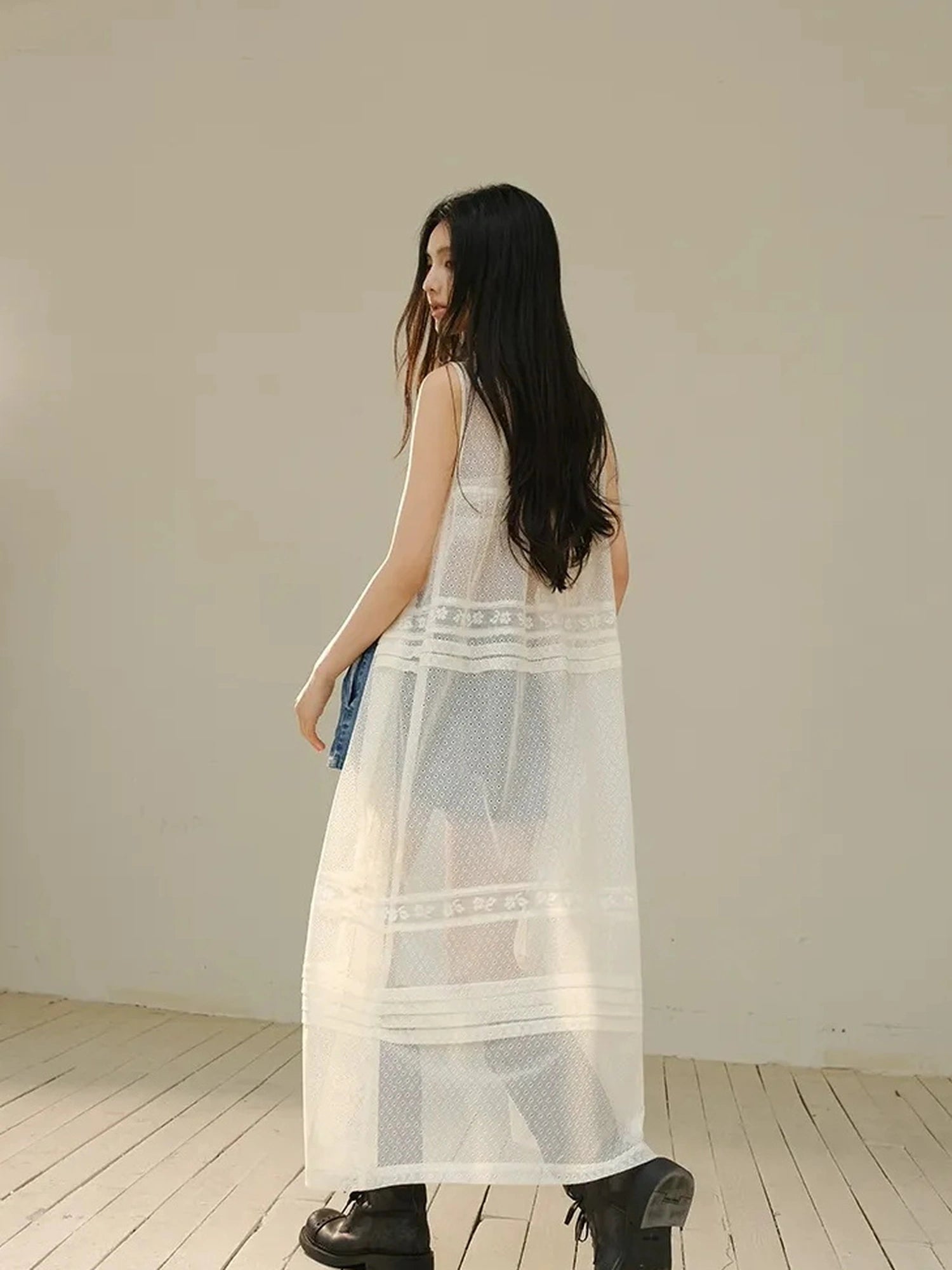 French Lace Sheer Long Vest With Slip Top Set