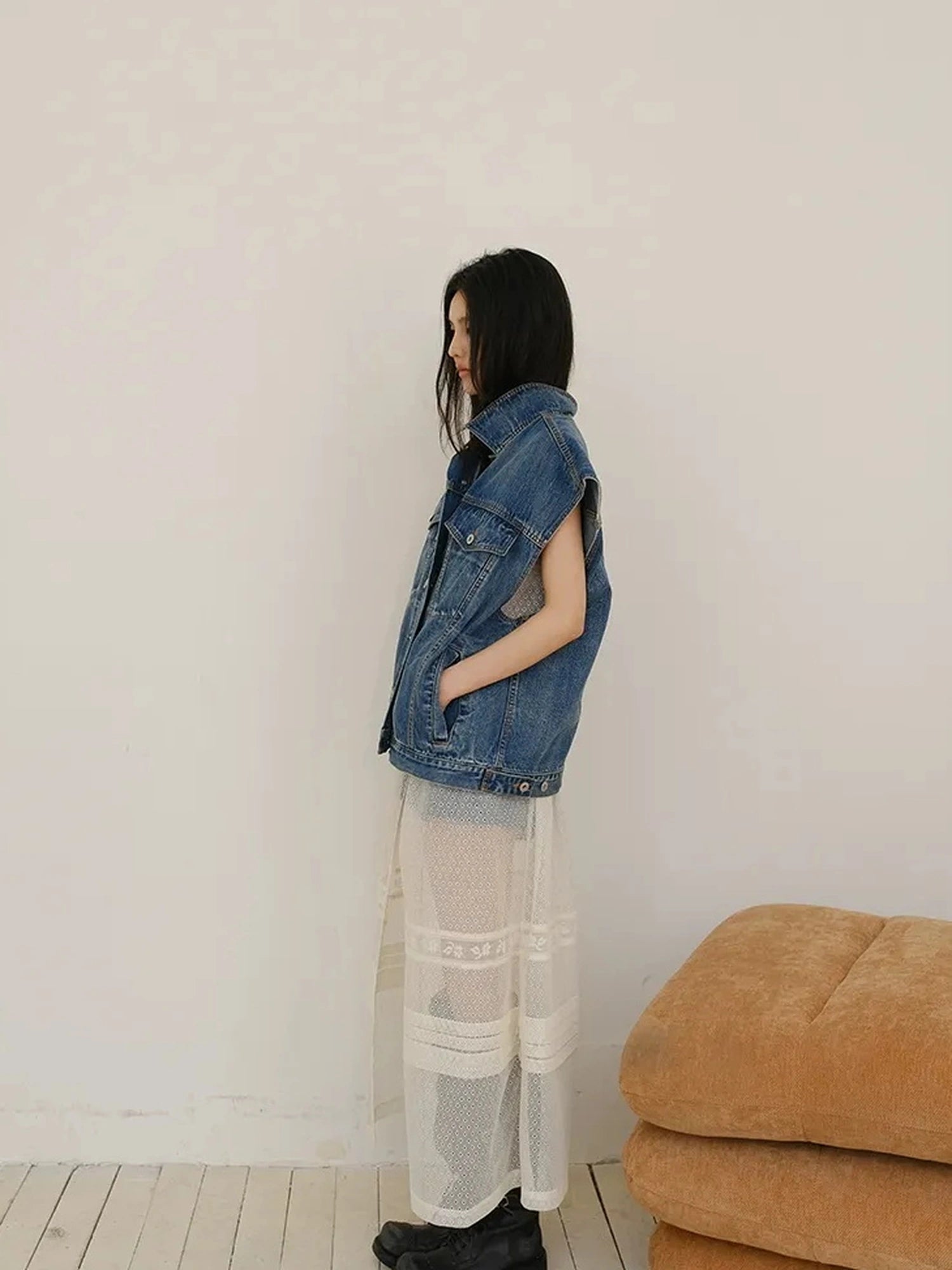 French Lace Sheer Long Vest With Slip Top Set