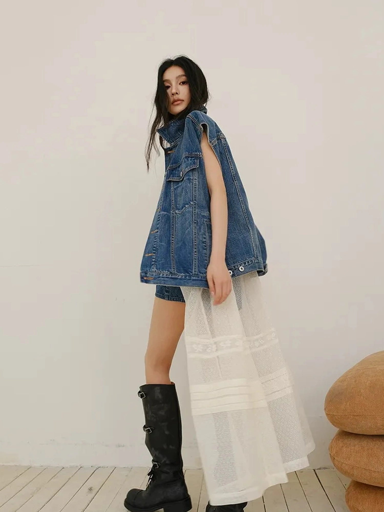 French Lace Sheer Long Vest With Slip Top Set