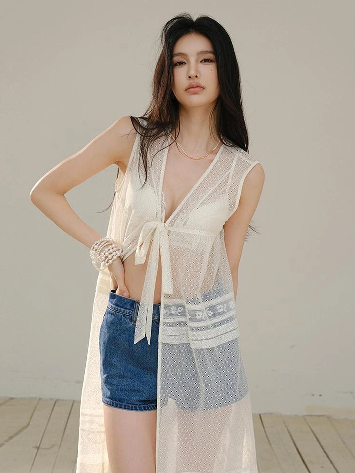 French Lace Sheer Long Vest With Slip Top Set
