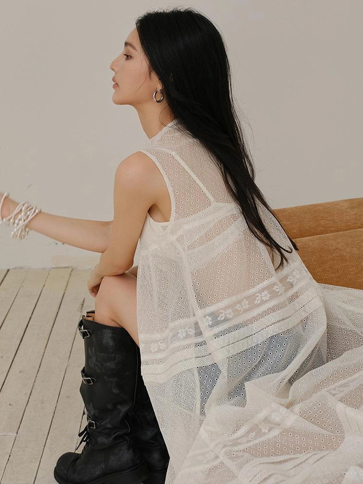 French Lace Sheer Long Vest With Slip Top Set