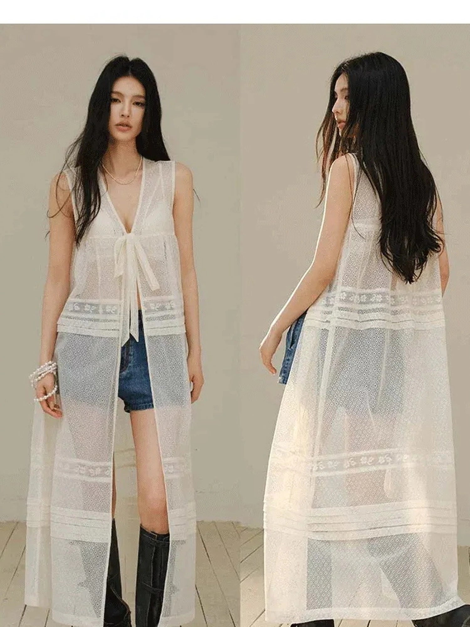 French Lace Sheer Long Vest With Slip Top Set