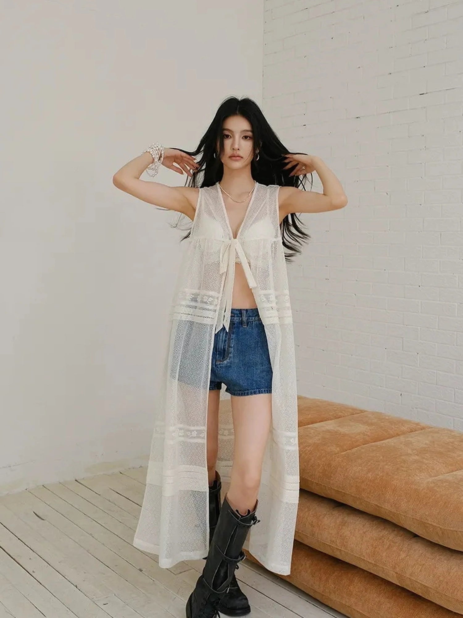 French Lace Sheer Long Vest With Slip Top Set